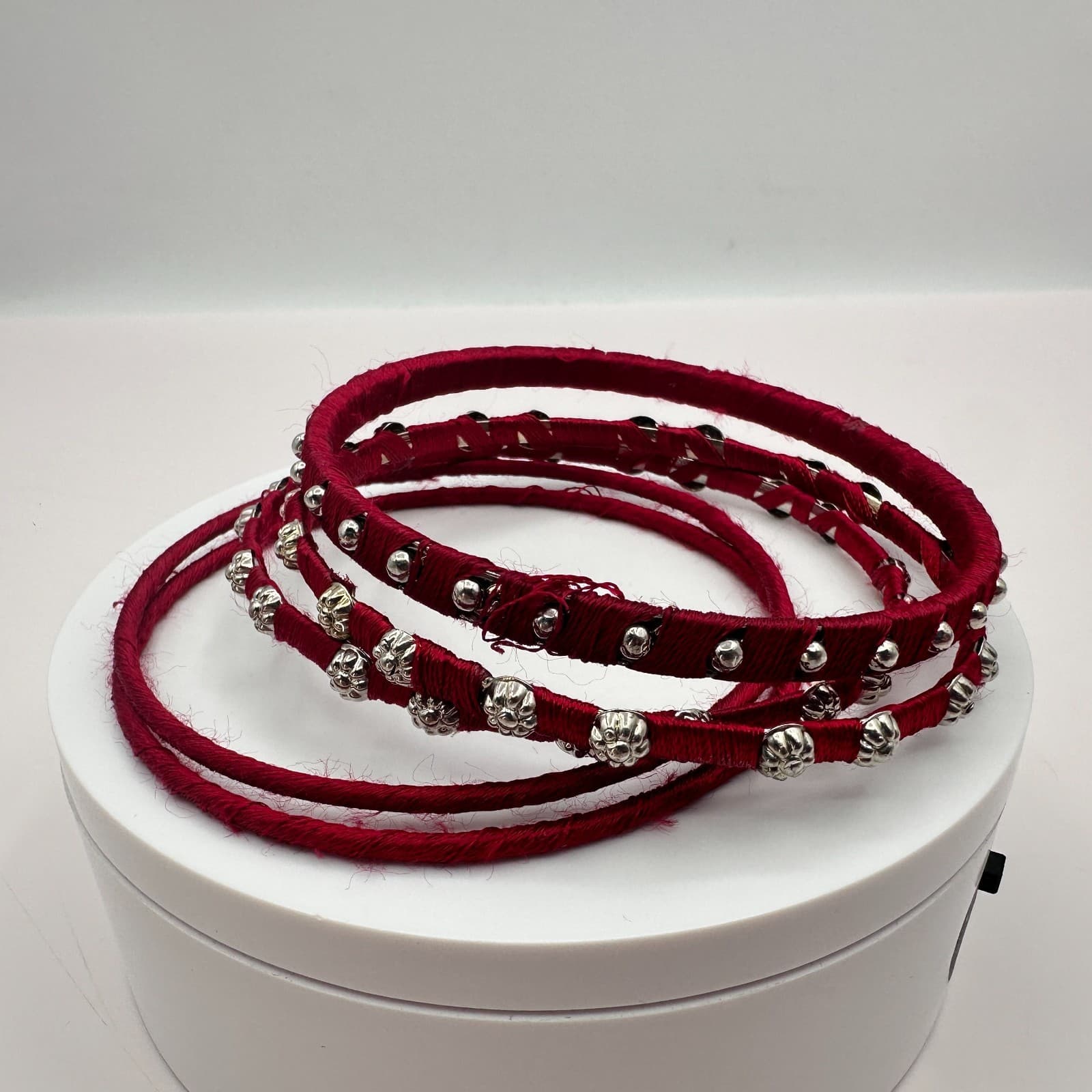 Vintage 90s Red Thread Wrapped SilverTone Bangle Bracelet Set Beads Boho Jewelry