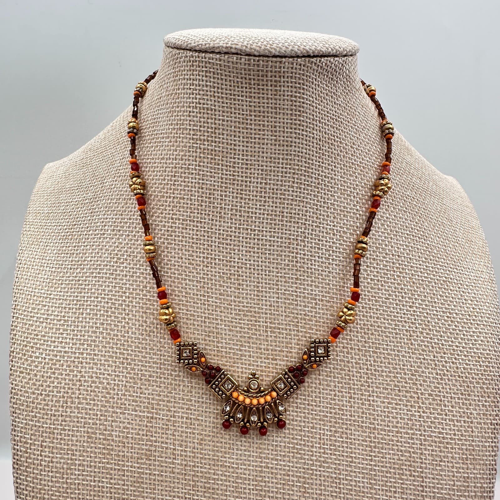 Vintage Y2K Gold Tone Rhinestone Seed Beaded Necklace Boho Women's Jewelry