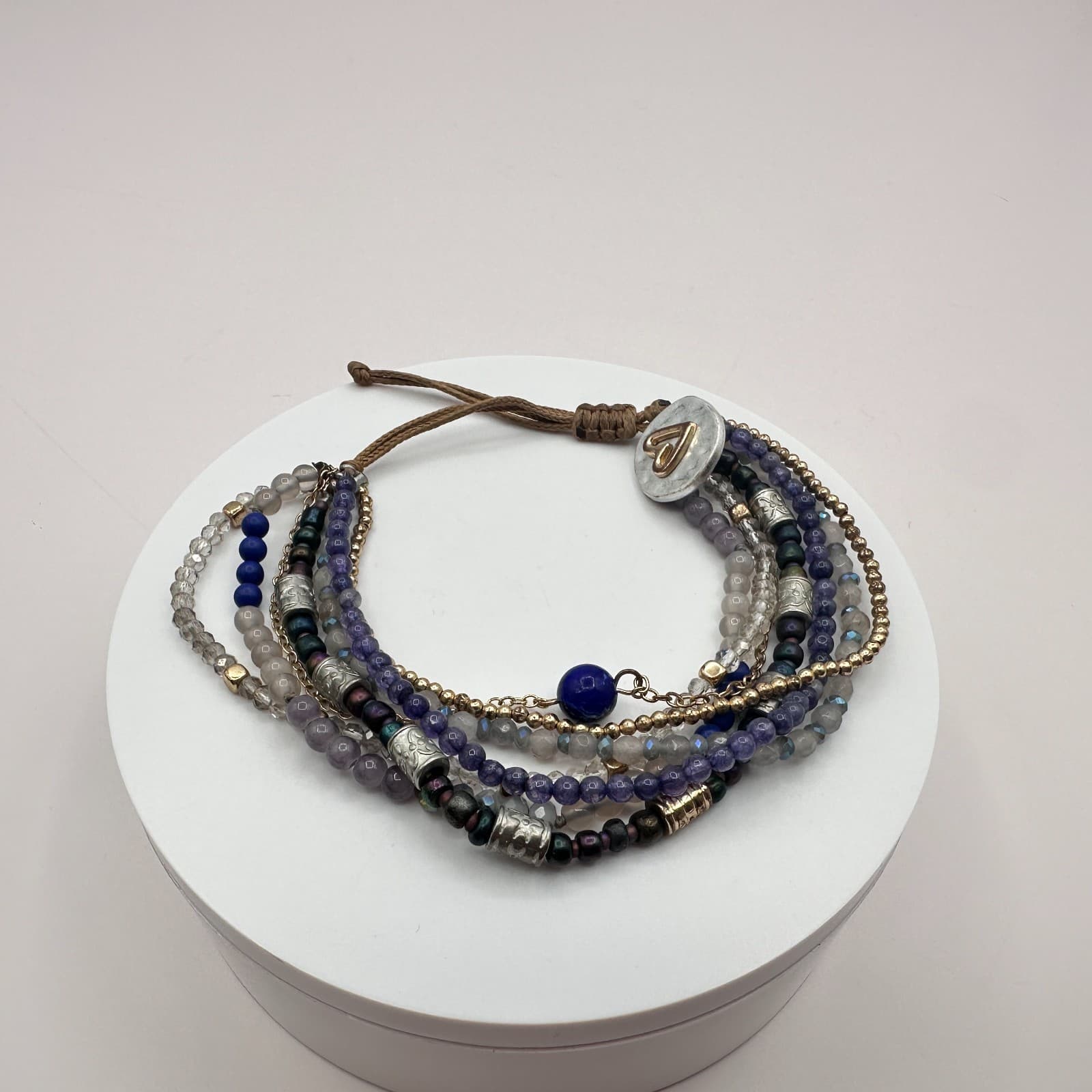 Vintage 70s Beaded Indigo Bracelet Multi-strand Blue Glass Heart Charm Jewelry