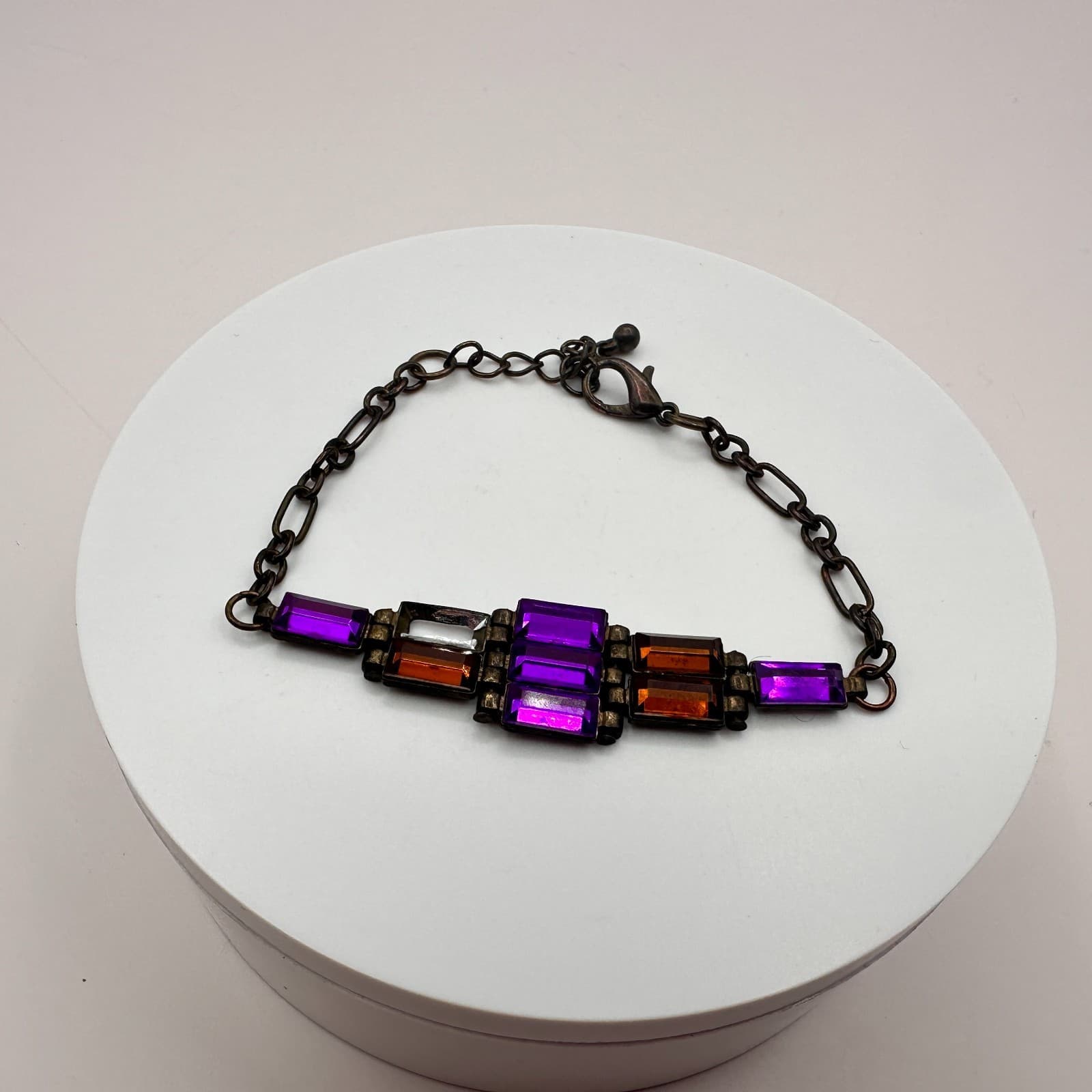 Vintage 90s Purple & Amber Glass Bracelet Antique Bronze Tone Boho Statement