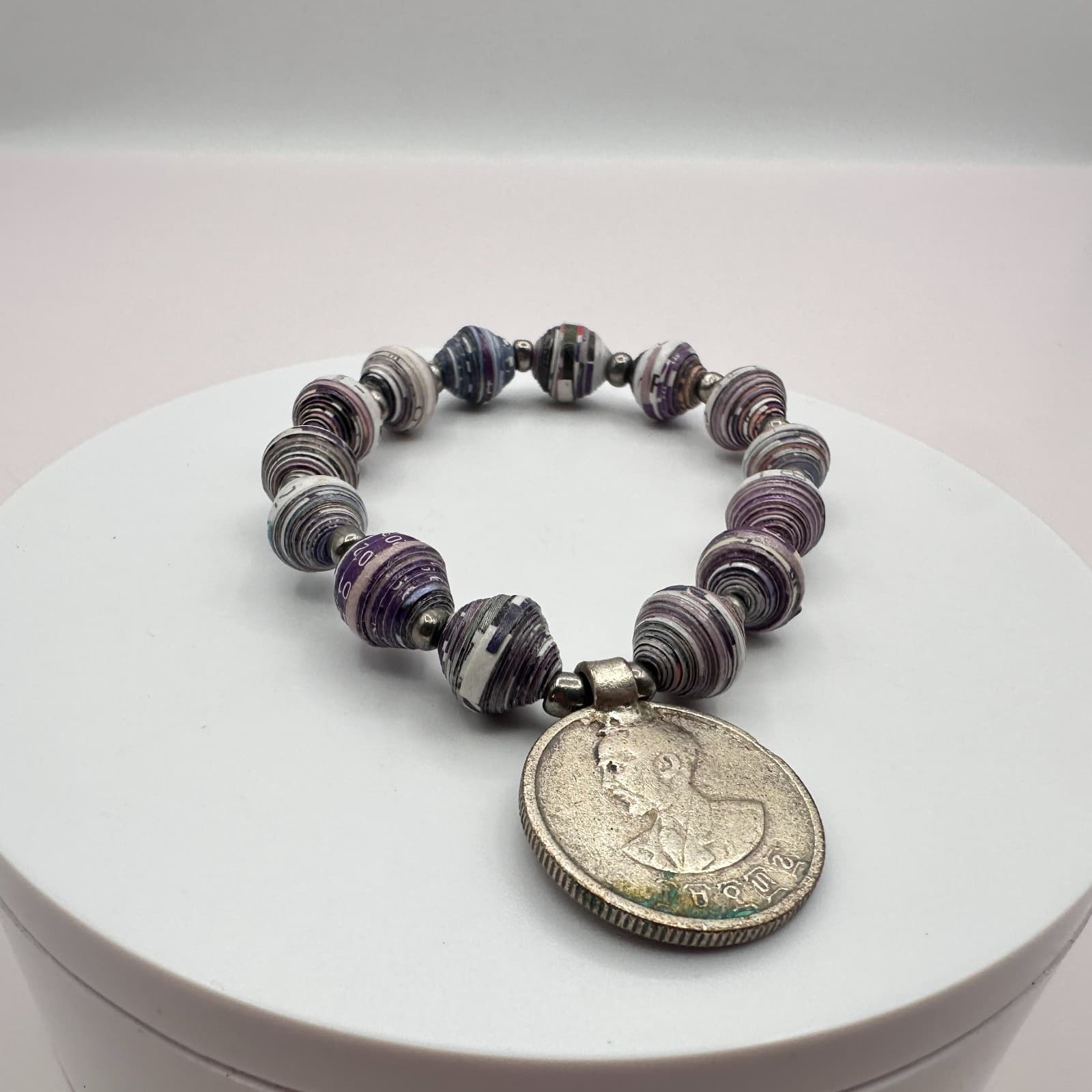 Vintage 90s Rolled Recycled Paper Beaded Coin Ethiopia Haile Selassie Bracelet
