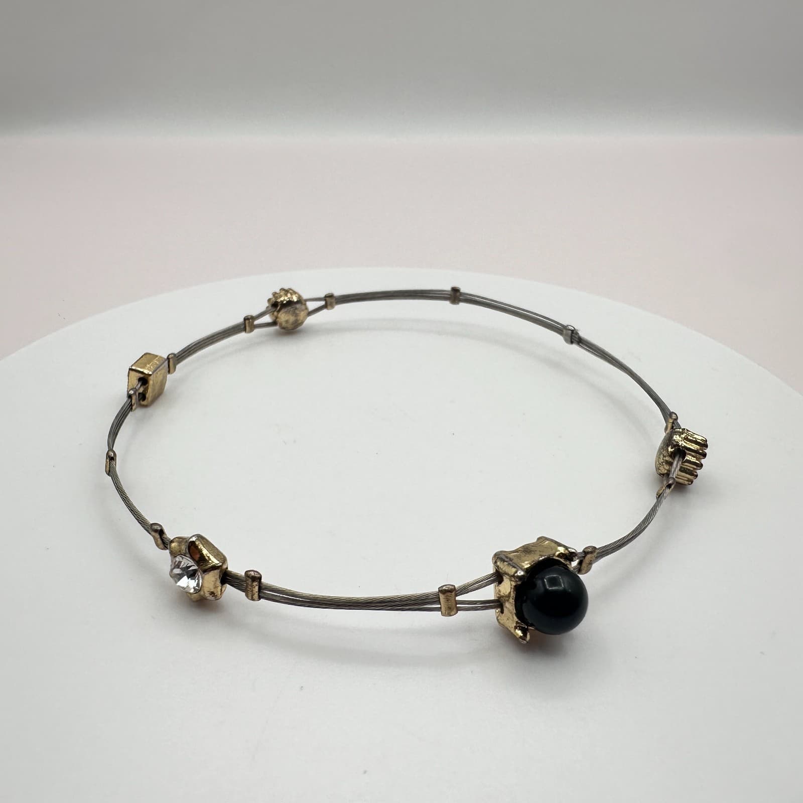 Vintage 90s Metal Cable Bangle Bracelet Black & Clear Glass Fashion Jewelry