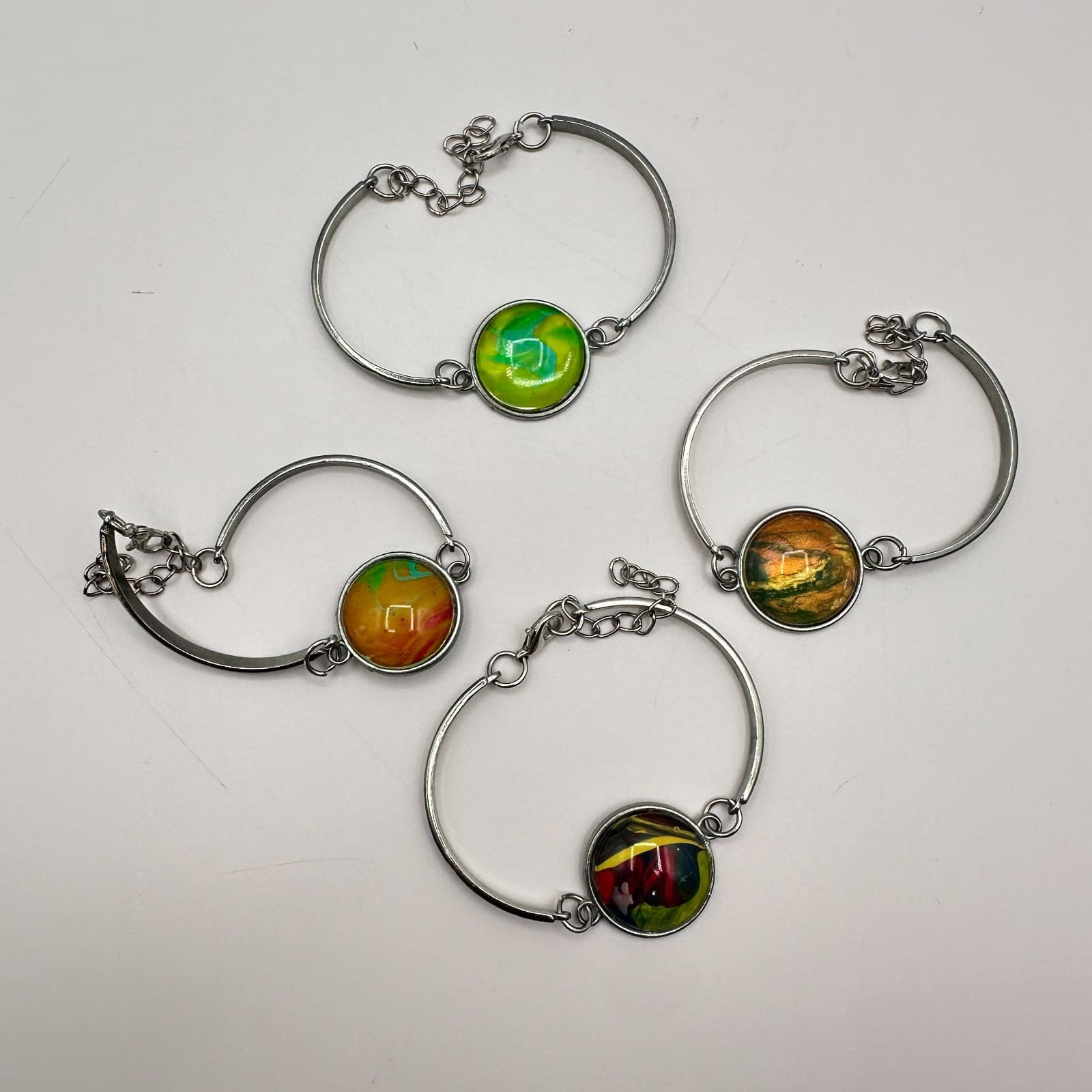 Vintage 90s SilverTone Glass Cabochon Bangle Bracelets Set Retro Fashion Jewelry
