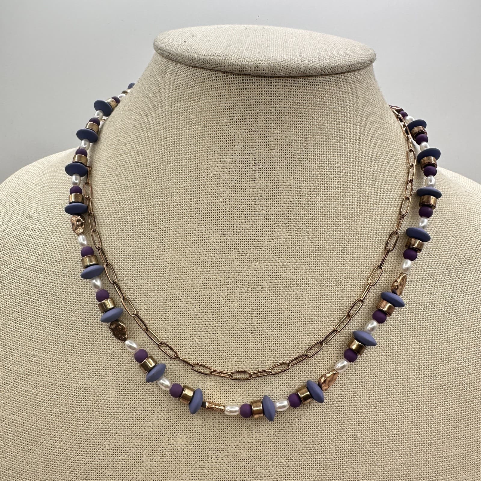 Vintage Y2K Gold Tone Double Layer Beaded Necklace Boho Women's Classic Jewelry
