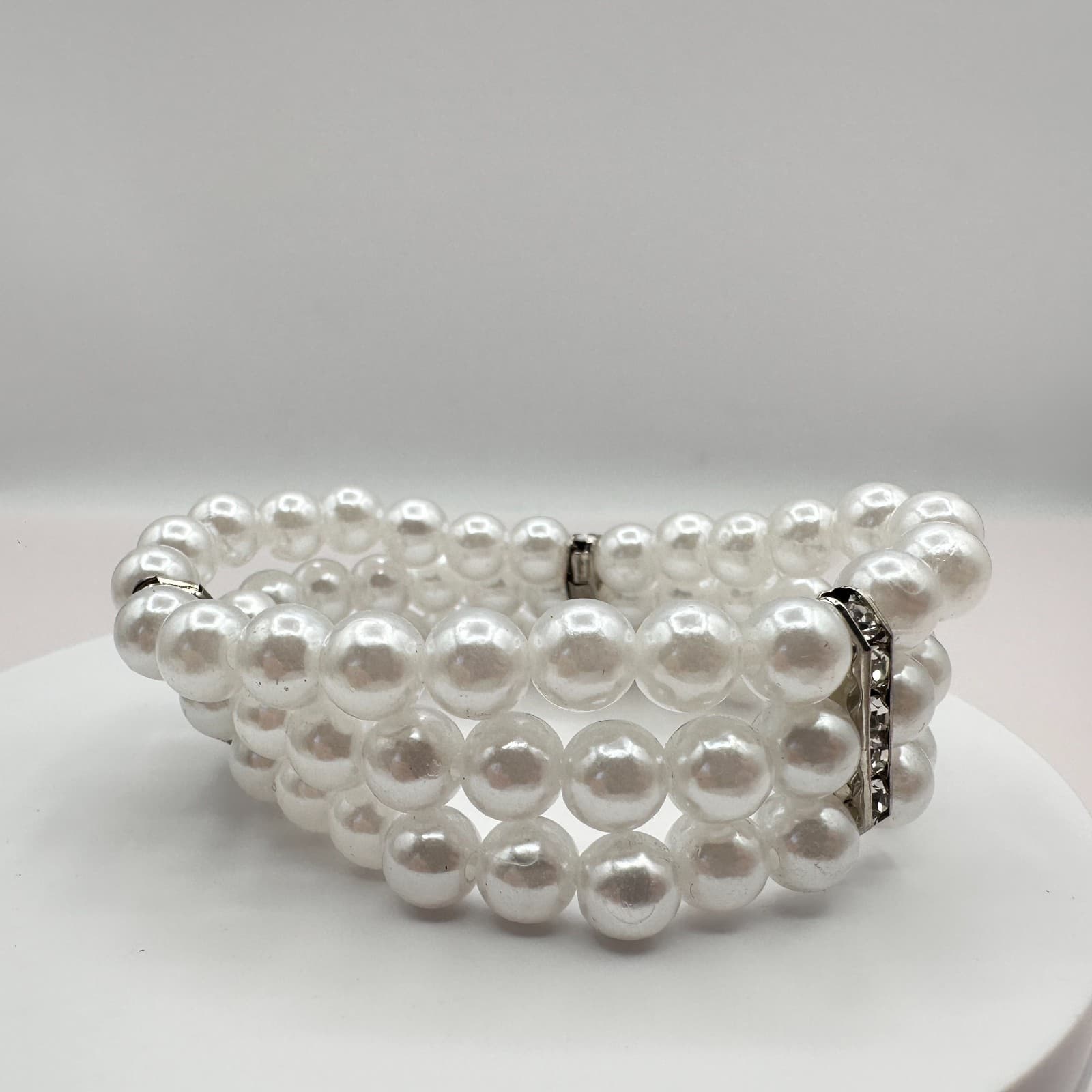 Vintage 90s Multi Strand Faux Pearl White Beaded Rhinestone Bracelet Jewelry