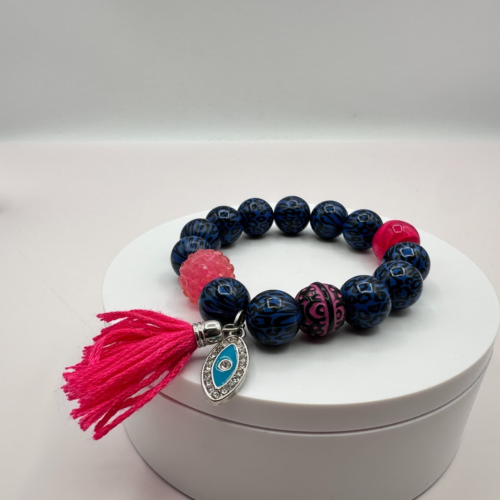 Vintage Y2K Leopard Print Evil Eye Tassel Charm Beaded Bracelet Women's Jewelry
