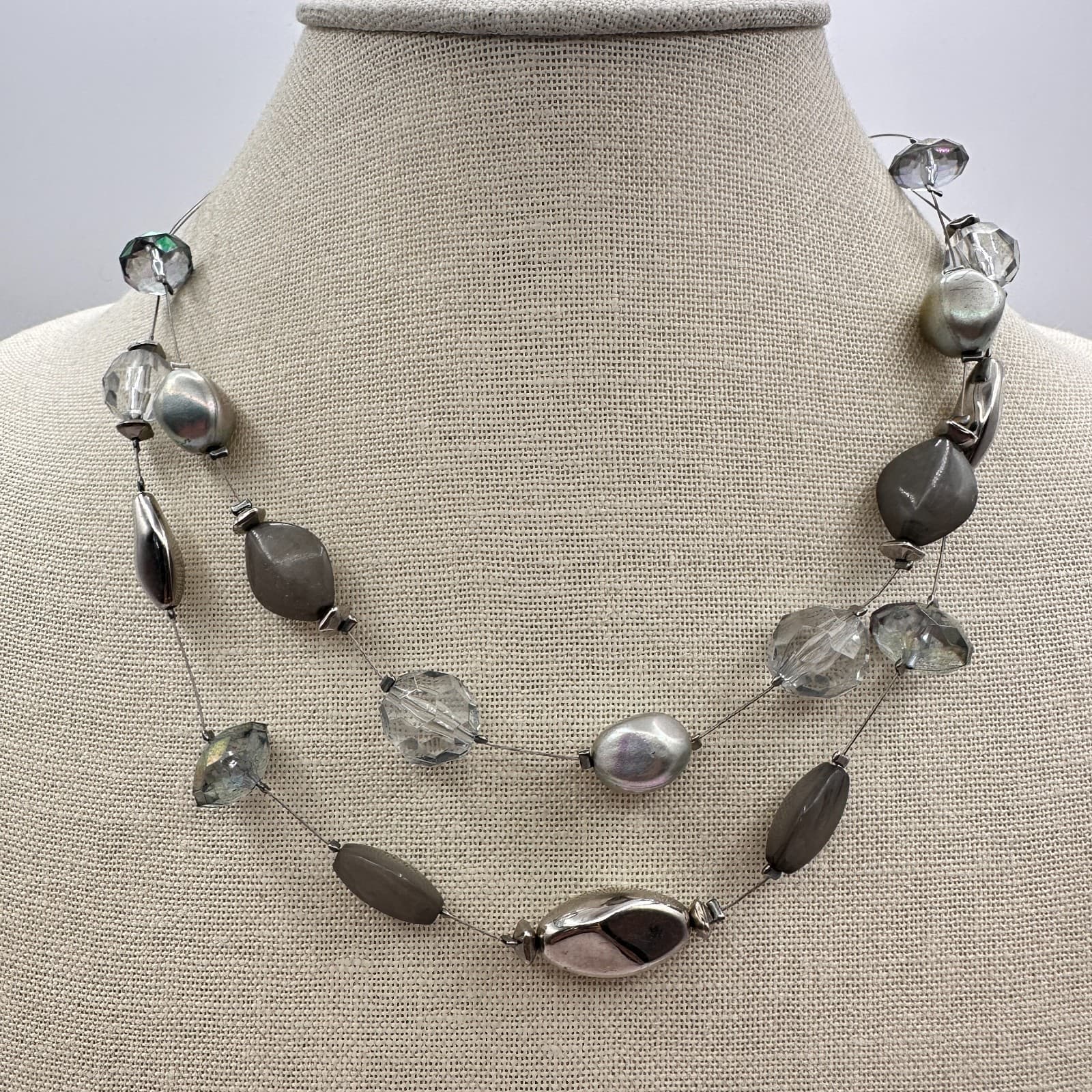 Vintage Y2K Silver Tone Multi-Strand Floating Beaded Necklace Women's Jewelry