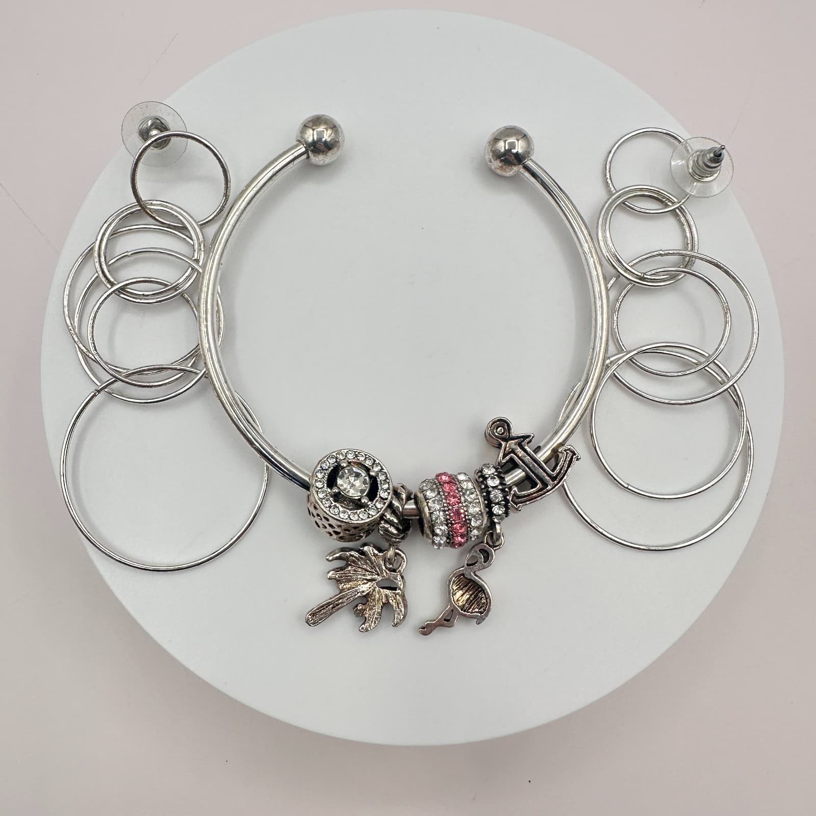 Vintage Y2K Silver Tone Charm Rhinestone Bracelet Boho & Dangle Earrings Jewelry