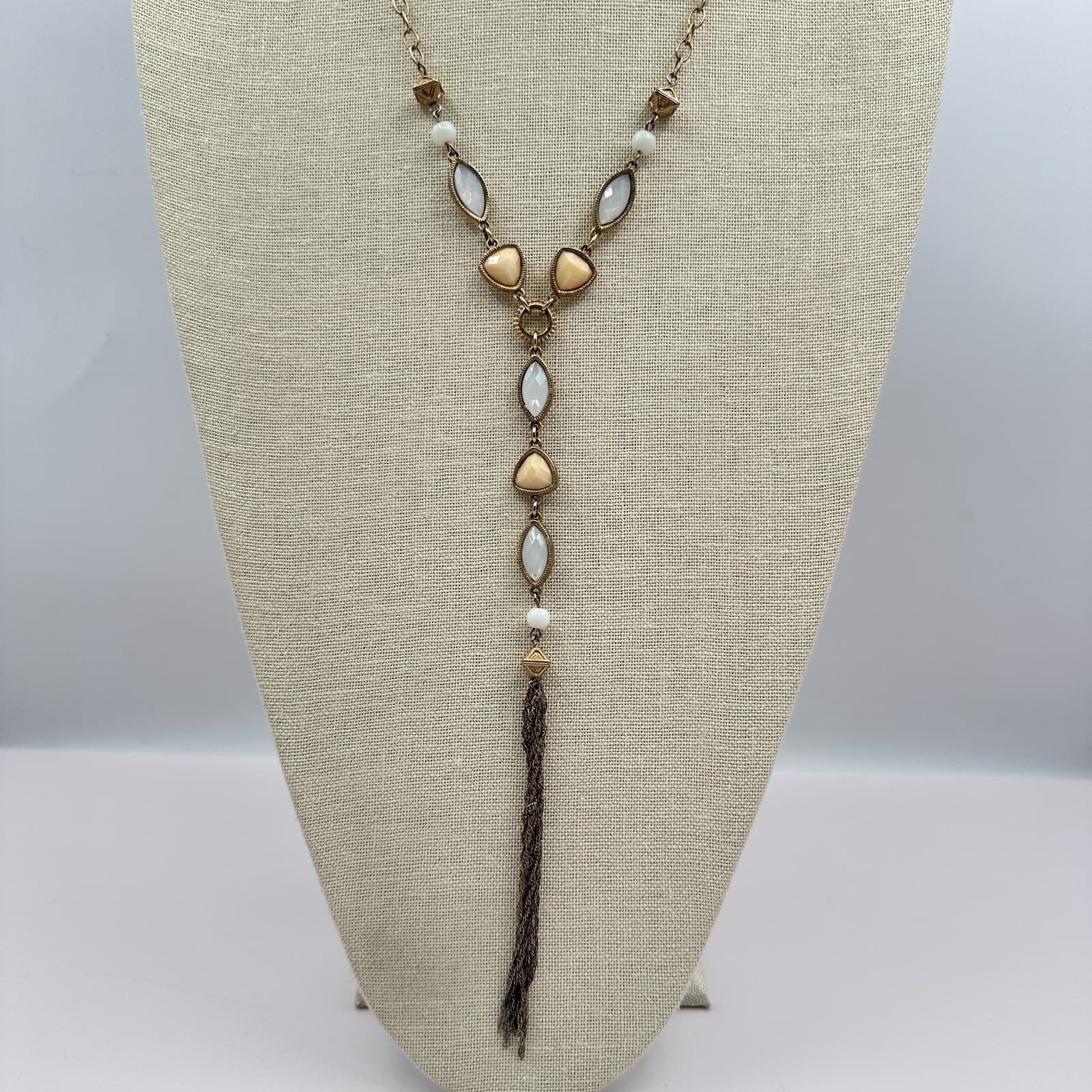 Vintage Y2K Gold Tone Tassel Y-Necklace Beaded Women's Classic Fashion Jewelry