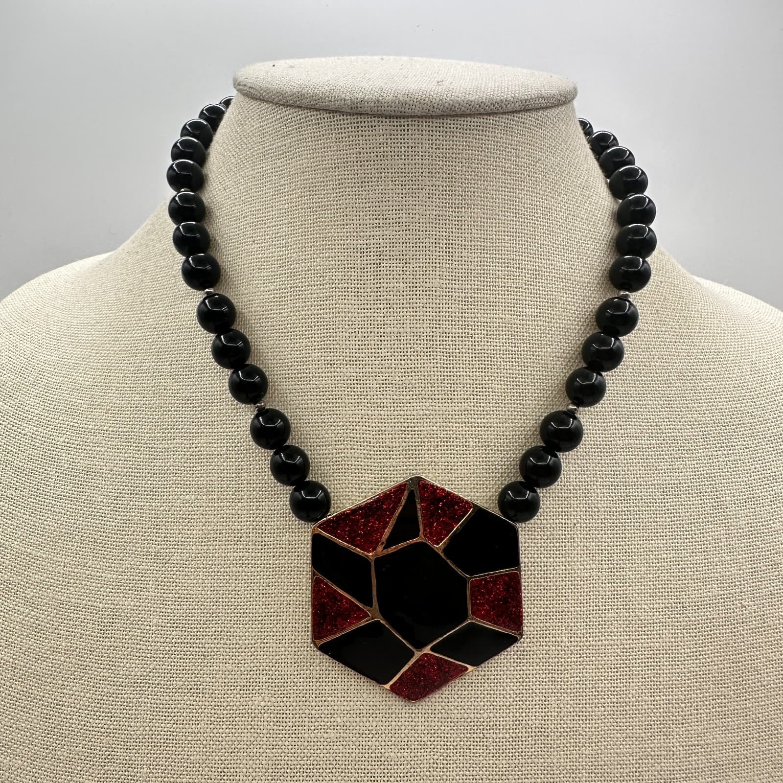 Vintage 80s Hexagon Statement Necklace Black Red Glitter Enamel Fashion Jewelry