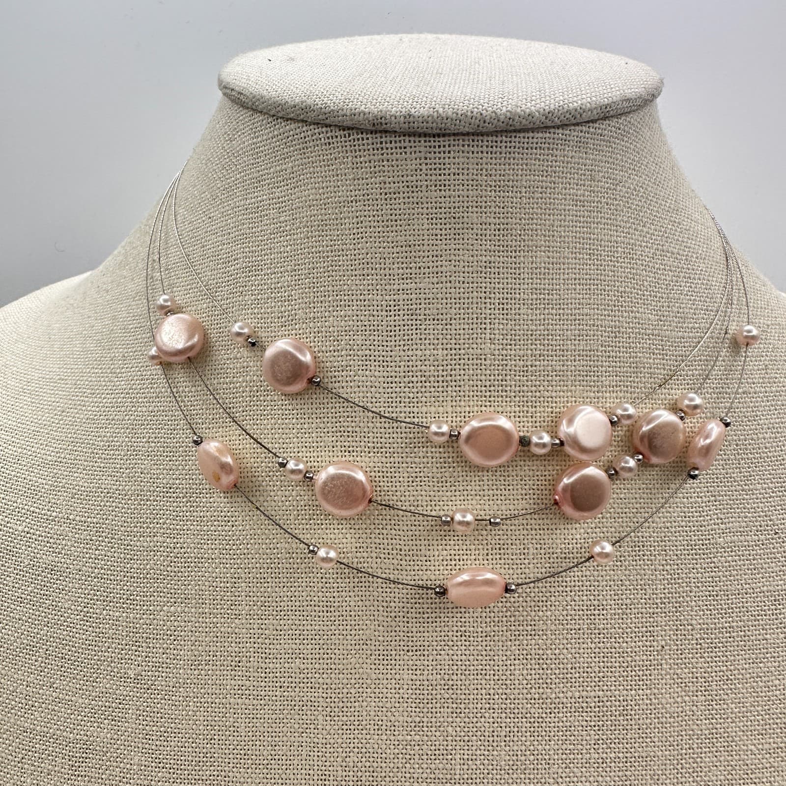 Vintage Y2K Floating Pink Faux Pearl Multi Strand Choker Necklace Jewelry