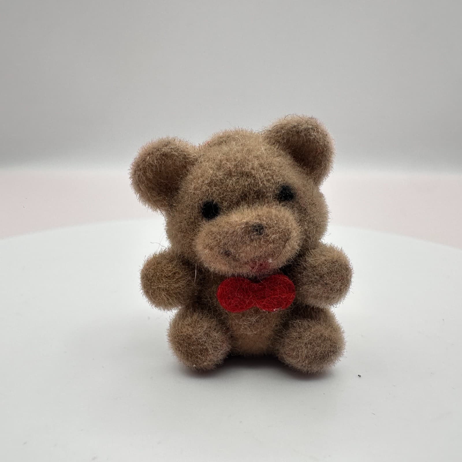 Vintage 80s Pin Brooch Bear Figurine Fuzzy Brown Teddy Bear Red Bow Tie Jewelry