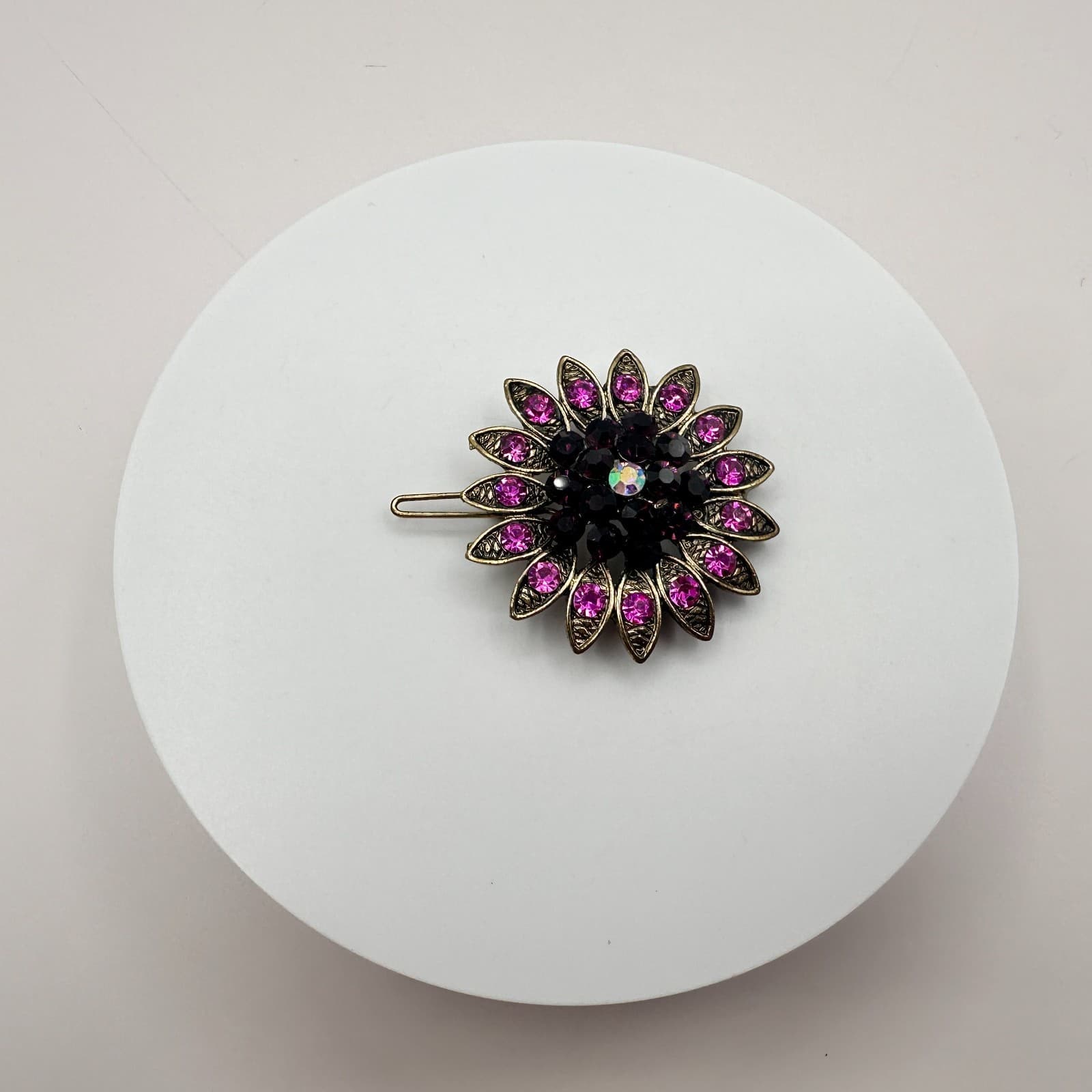 Vintage 80s Pink Rhinestone Flower Brooch Gold Tone Sunflower Pin Retro Jewelry
