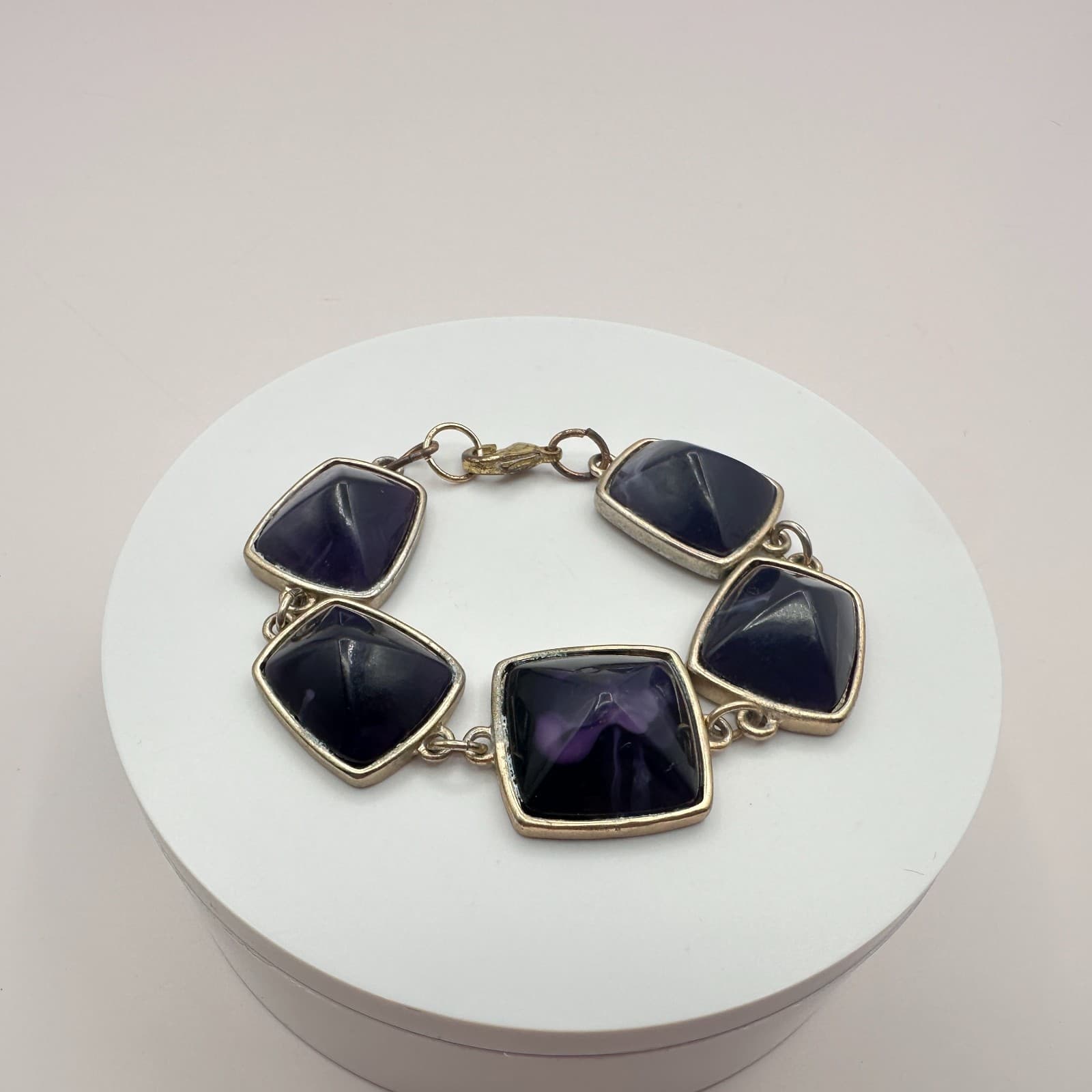 Vintage 90s Purple Glass Pyramid Bracelet Gold Tone Chunky Statement Fashion