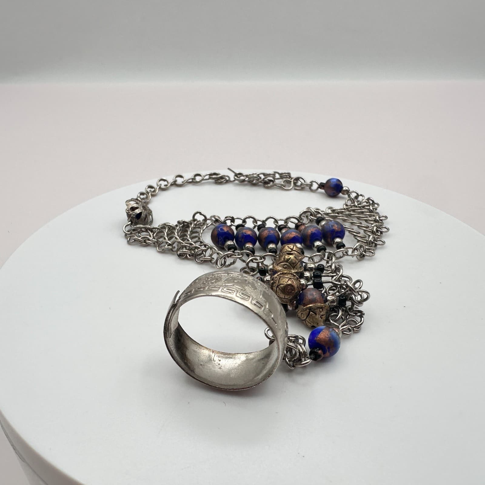 Vintage 80s Tribal Lazily Silver Tone Beaded Charm Bracelet Ethnic Retro Jewelry