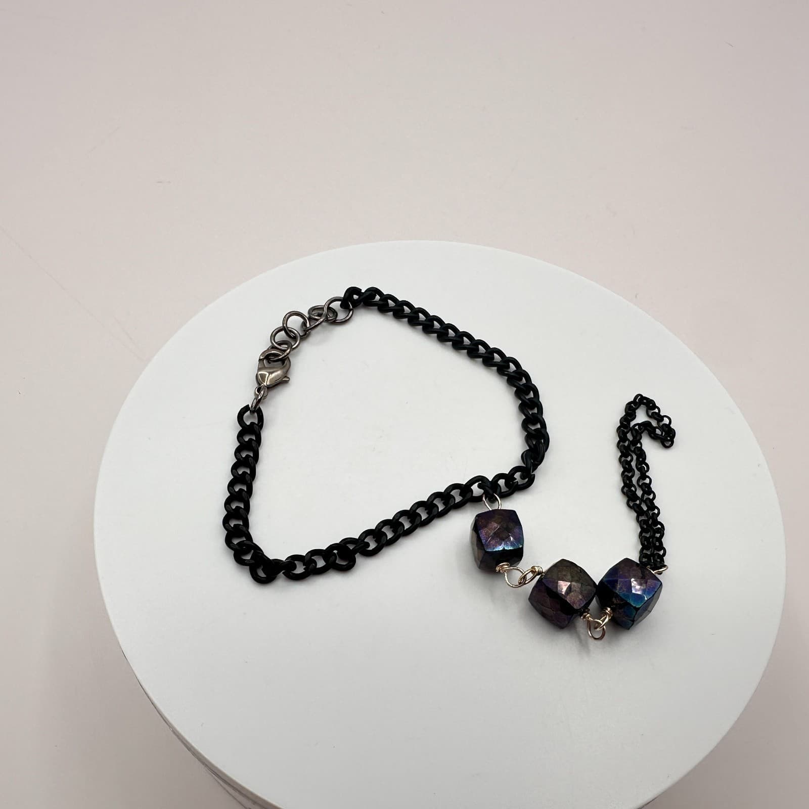 Vintage Y2K Iridescent Purple Glass Cube Black Chain Slave Bracelet Goth Jewelry