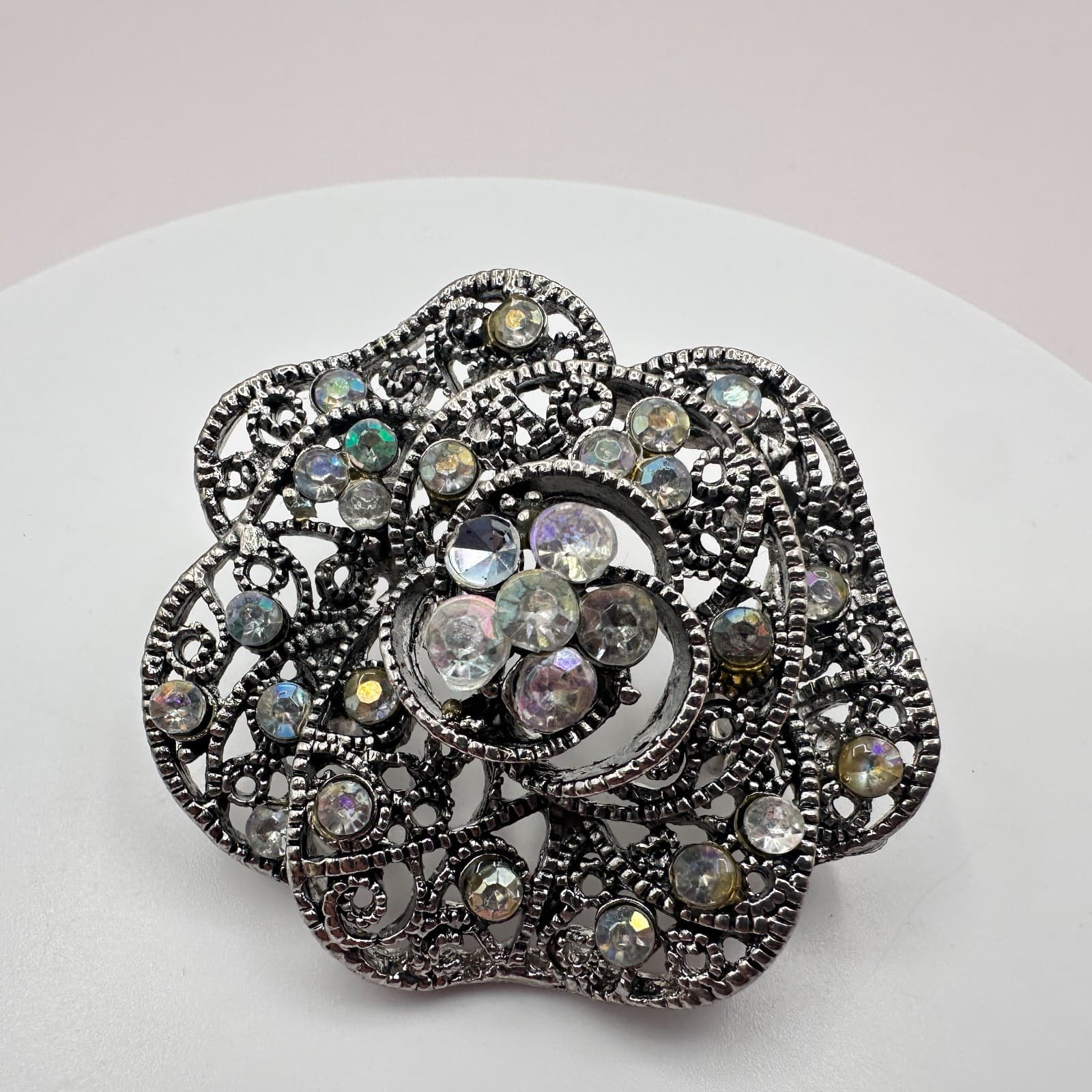Vintage 90s Flower Brooch Pendant Iridescent Rhinestone Silver Tone Pin Jewelry