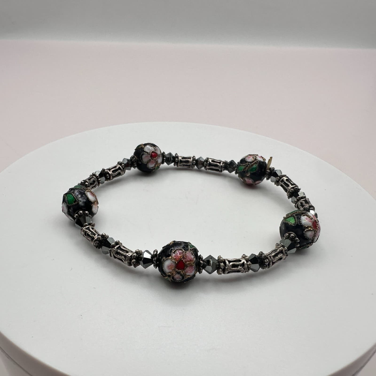 Vintage 80s Cloisonne Beaded Bracelet Black Floral Enamel Haematit Retro Jewelry