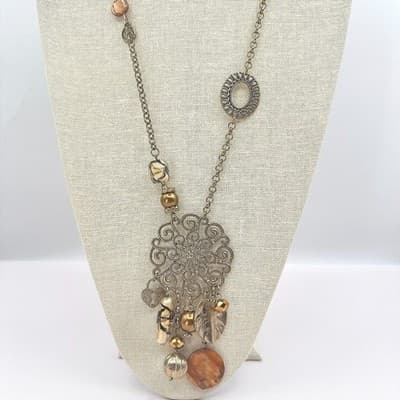 Vintage 90s Gold Tone Filigree Statement Necklace Glass Bead Charm Boho Jewelry