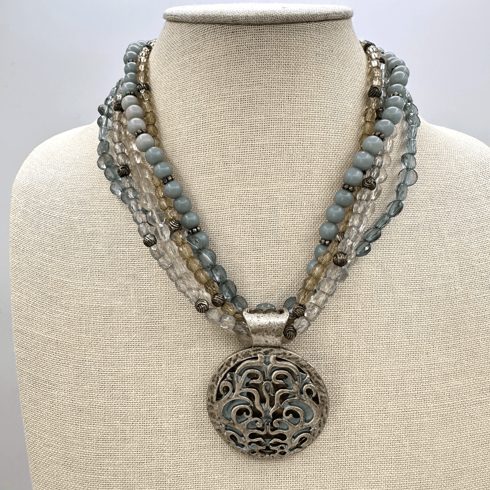 Vintage 90s Avenue Multi-Strand Glass Bead Statement Necklace Silver Tone Boho