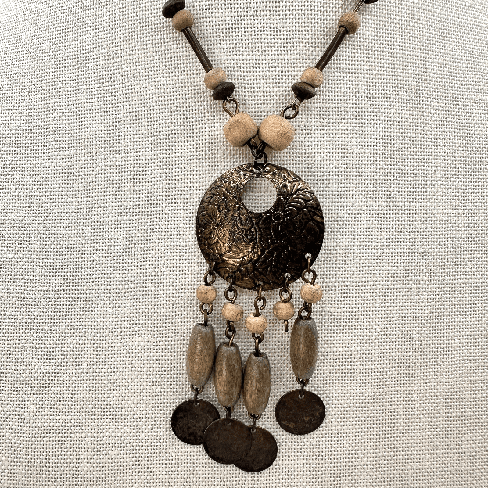 Vintage 90s Wood Bead Tassel Pendant Bronze Tone Necklace Earthy Boho Jewelry