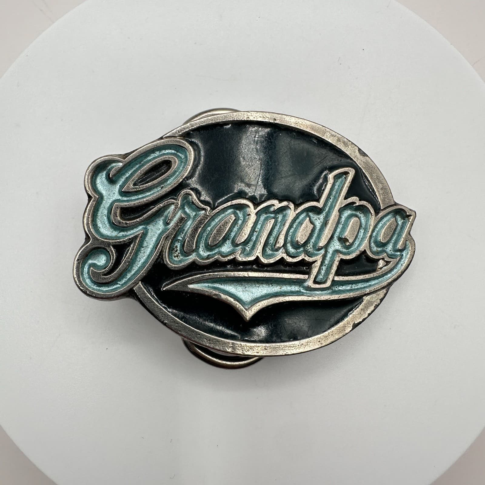Vintage 80s Belt Buckle Silver Tone Pewter Blue Enamel American Retro Jewelry