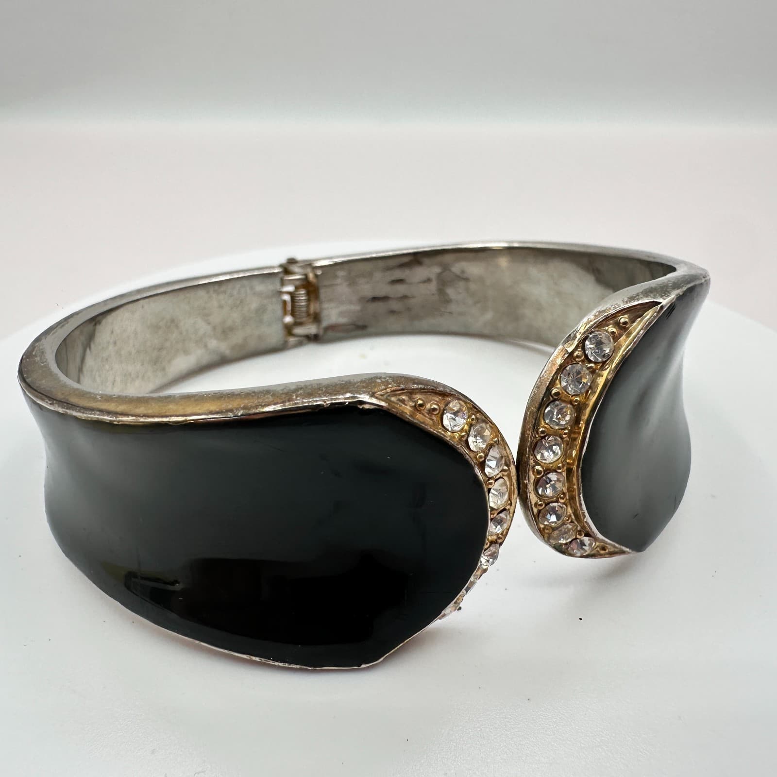 Vintage Y2K Black Enamel Cuff Bracelet Silver Tone Rhinestone Statement Jewelry