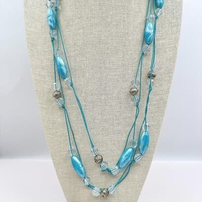 Vintage Y2K Teal Blue Beaded Necklace Boho Cord Statement Women's Jewelry