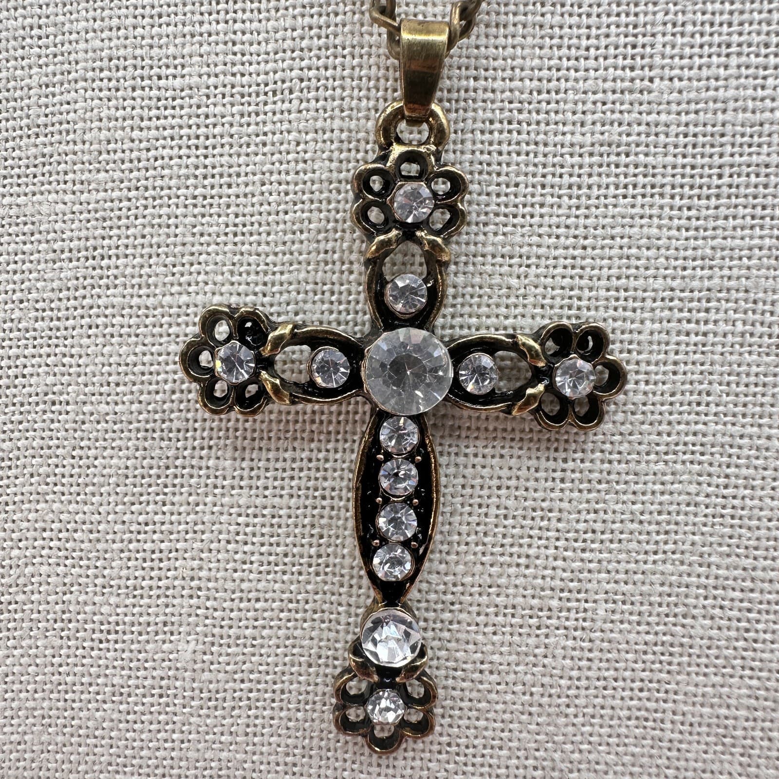 Vintage Y2K Bronze-Tone Gothic Cross Clear Glass Pendant Necklace Retro Jewelry
