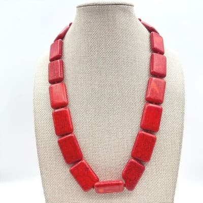 Vintage 90s Red Howlite Turquoise Rectangle Beaded Statement Necklace Jewelry