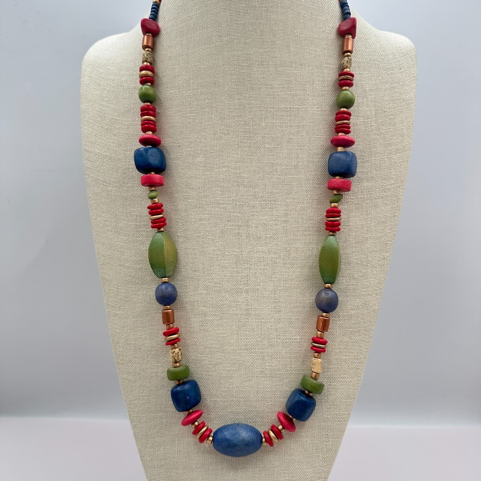 Vintage 90s Wooden Beaded Necklace Geometric Statement Women's Classic Jewelry
