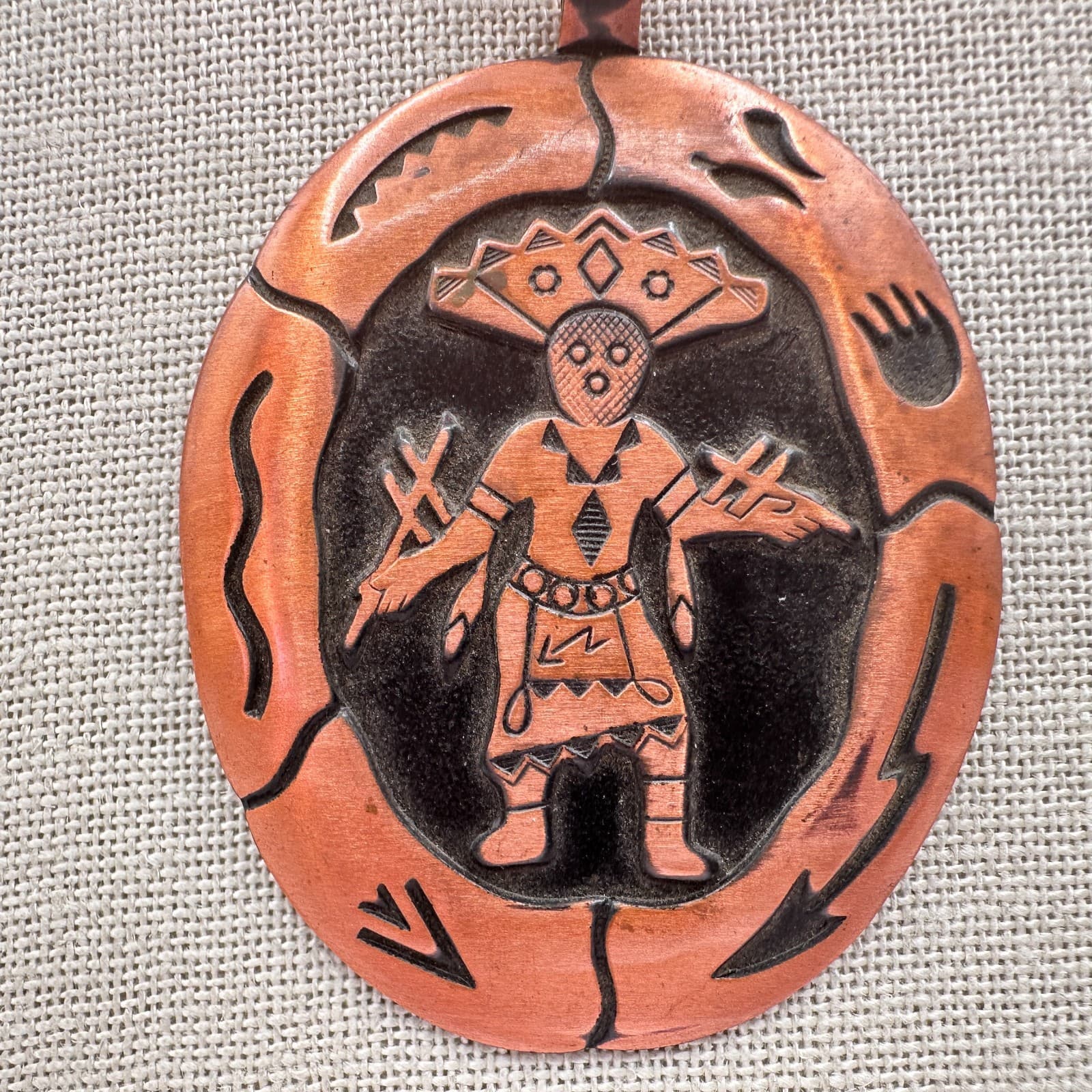 Vintage 90s Copper Tone Pendant Necklace Kachina Figure Etched Tribal Jewelry