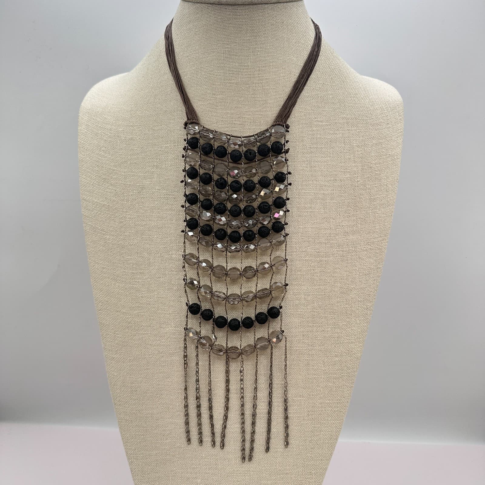 Vintage 90s Lava Rock Beaded Bib Necklace Statement Fringe Brown Cord Jewelry