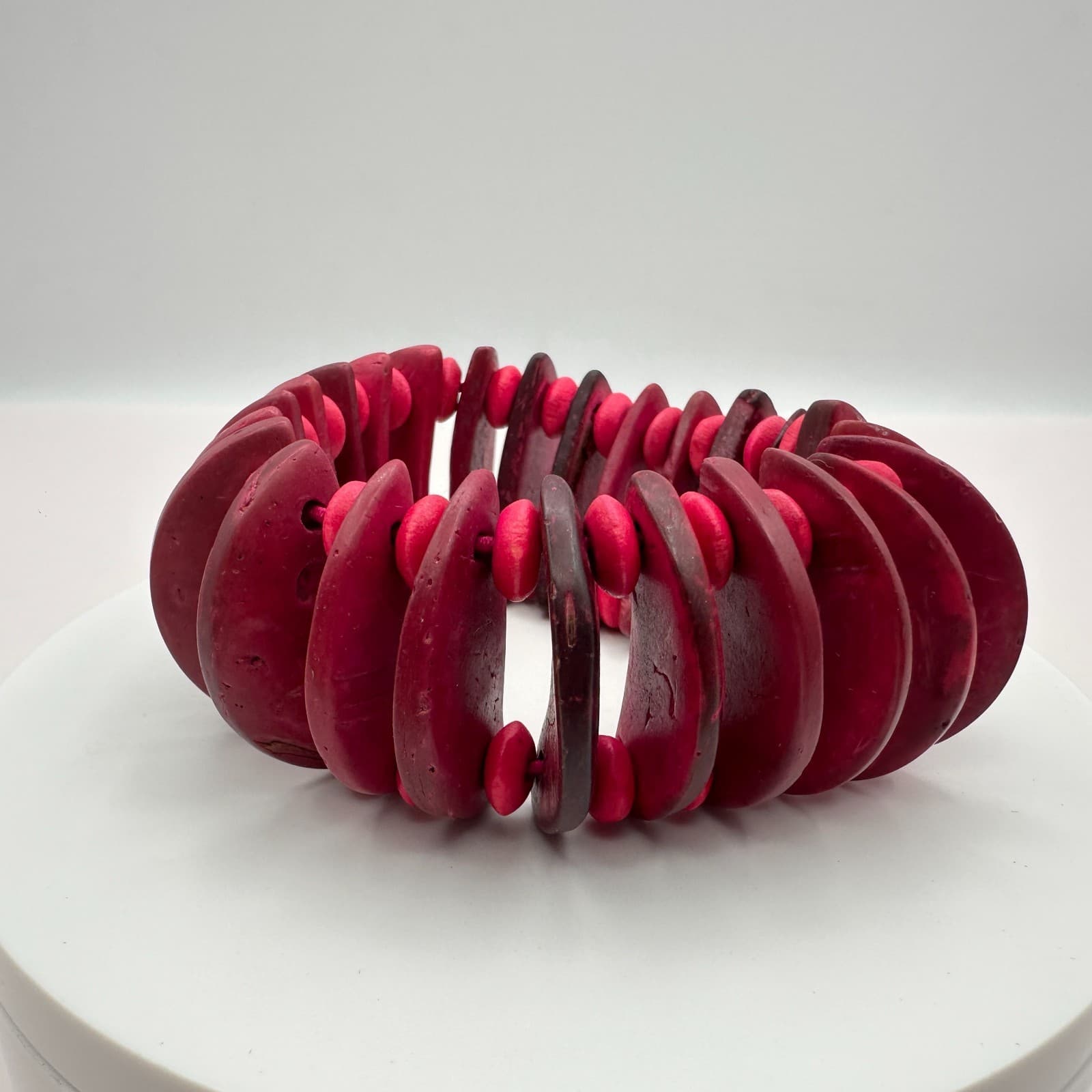 Vintage Y2K Tagua Nut Wood Bead Stretch Bracelet Fuchsia Pink Statement Jewelry