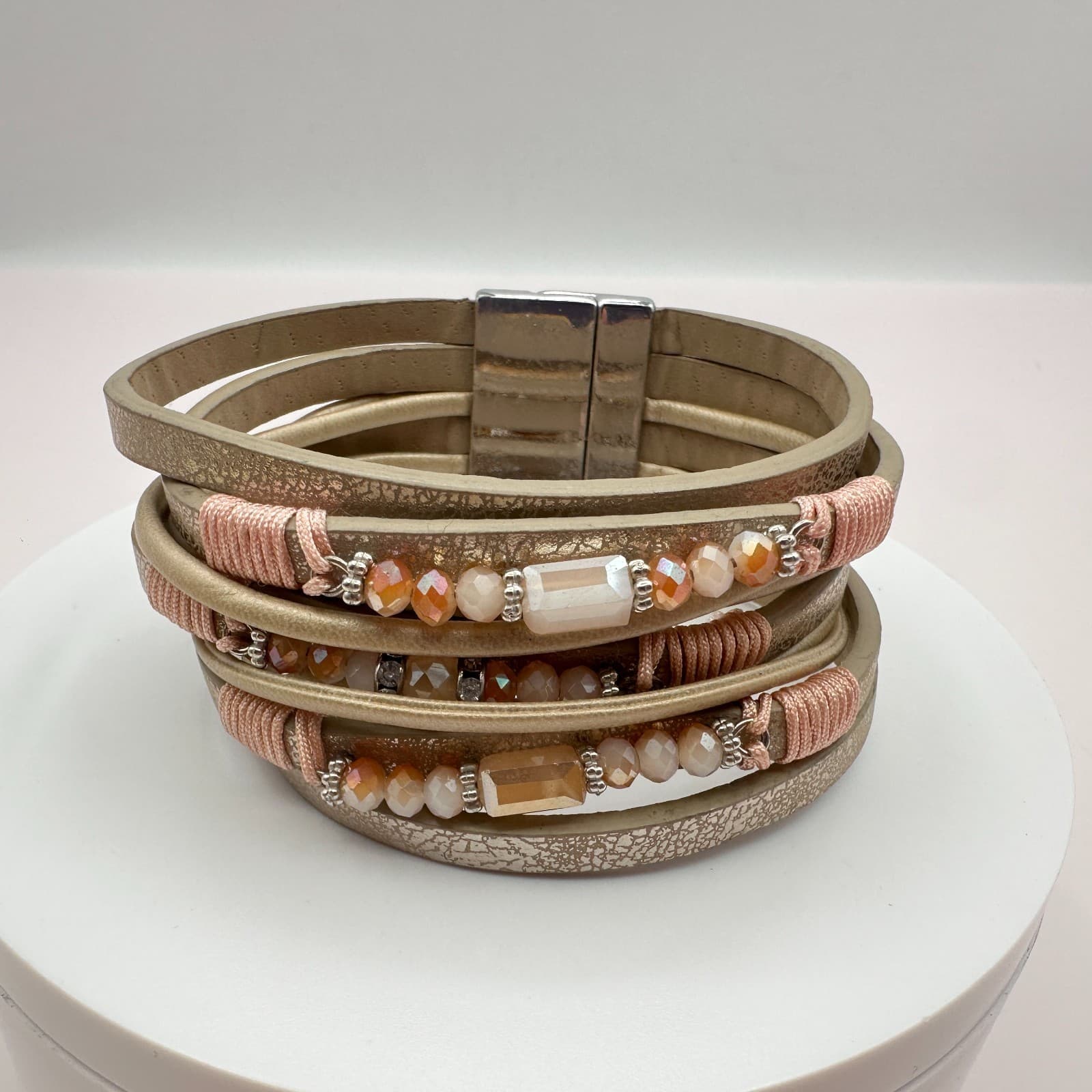 Vintage Y2K Boho Beaded Faux Leather Multi Strand Cuff Bracelet Women's Jewelry