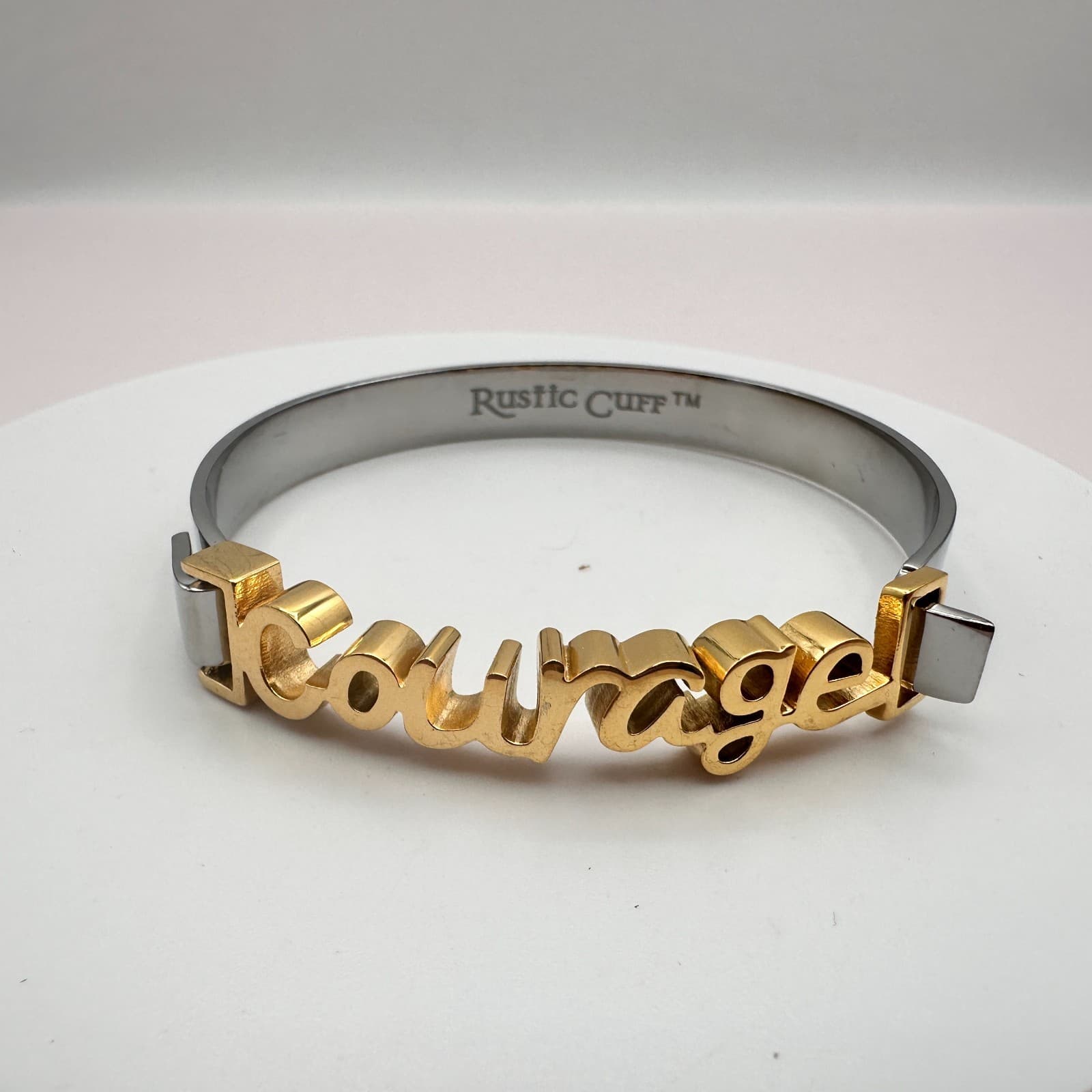 Vintage 90s Rustic Cuff Courage Bracelet Two Tone Inspirational Fashion Jewelry