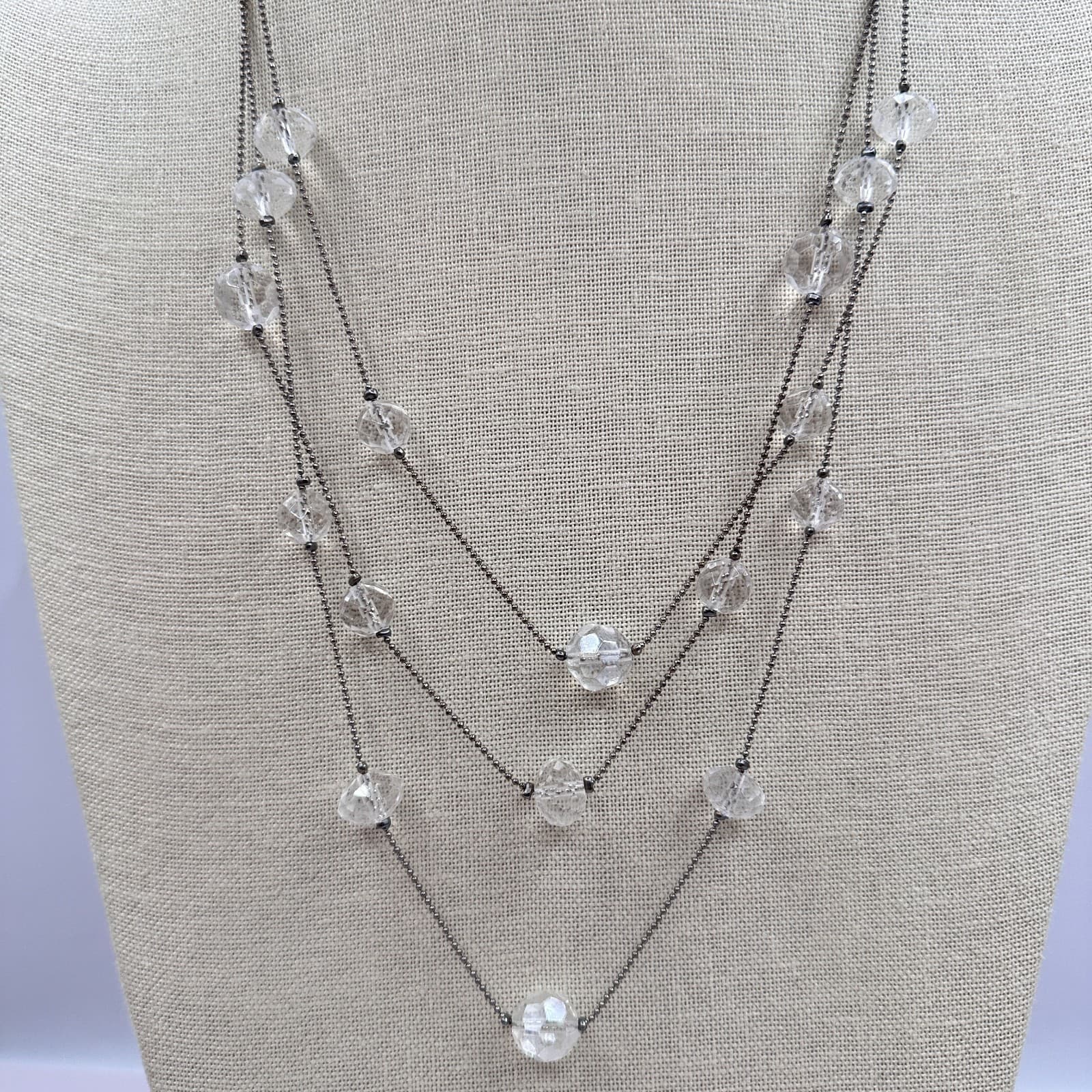 Vintage 90s Silver Tone Triple Strand Clear Beaded Necklace Classic Jewelry