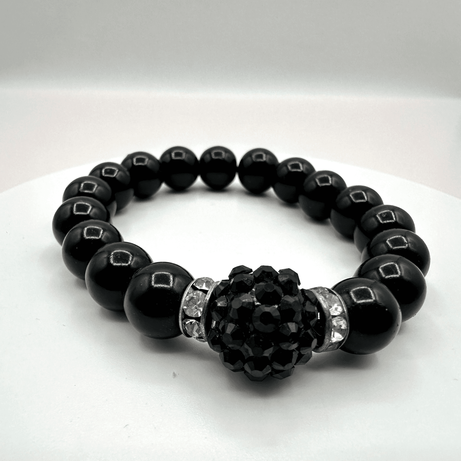 Vintage 90s Silver Tone Black Glass Beaded Disco Ball Bracelet Women's Jewelry