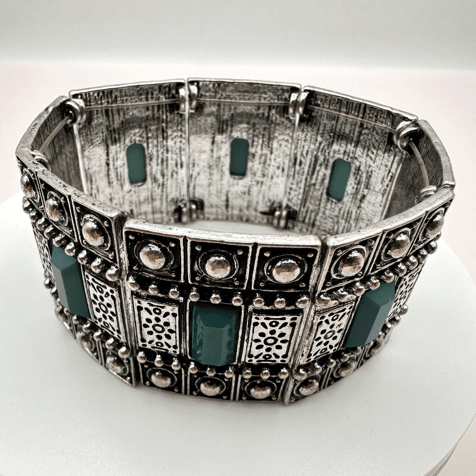 Vintage 90s Teal Green Stones Silver Tone Wide Stretch Cuff Bracelet Jewelry
