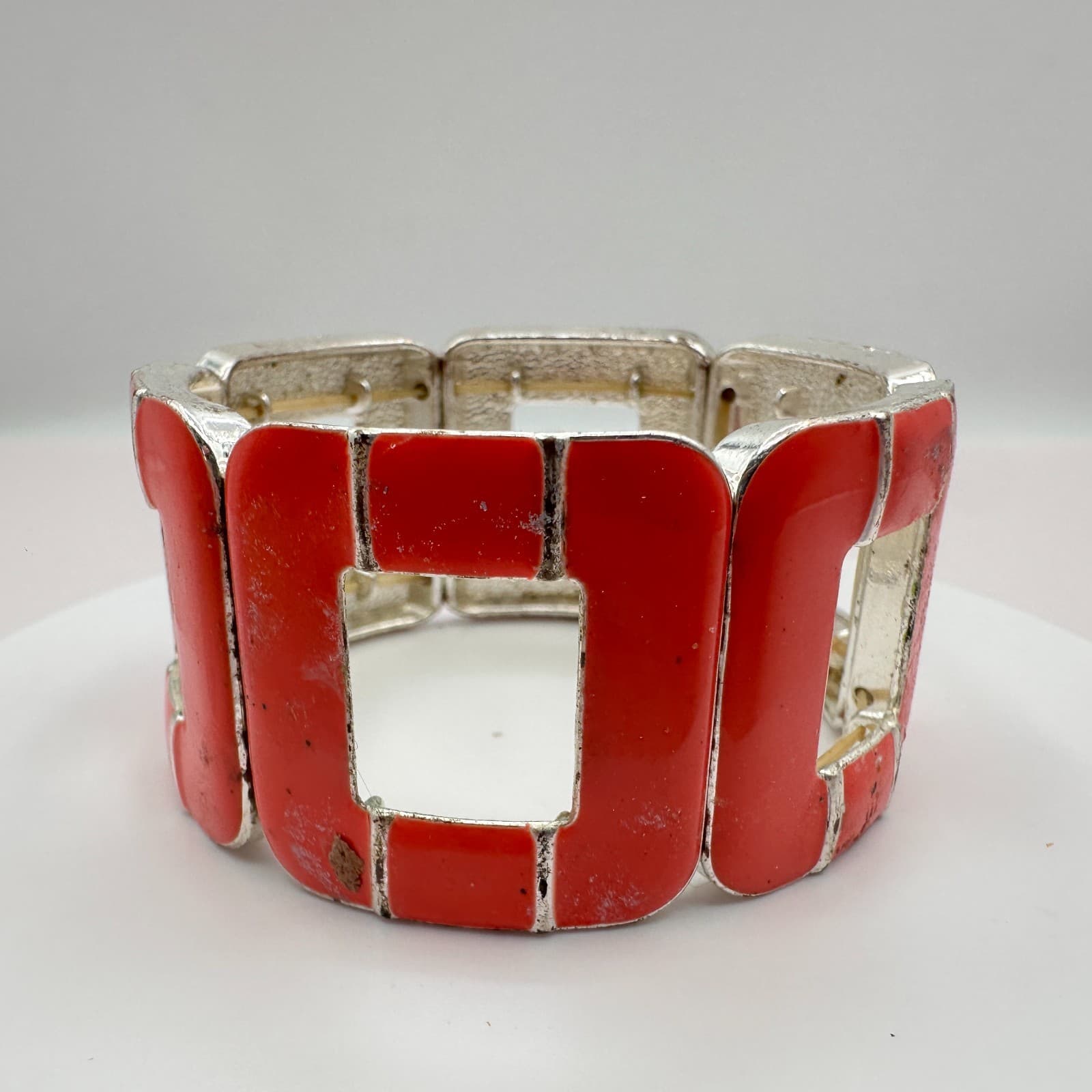 Vintage 90s Silver Tone Red Stretch Bracelet Geometric Retro Statement Jewelry