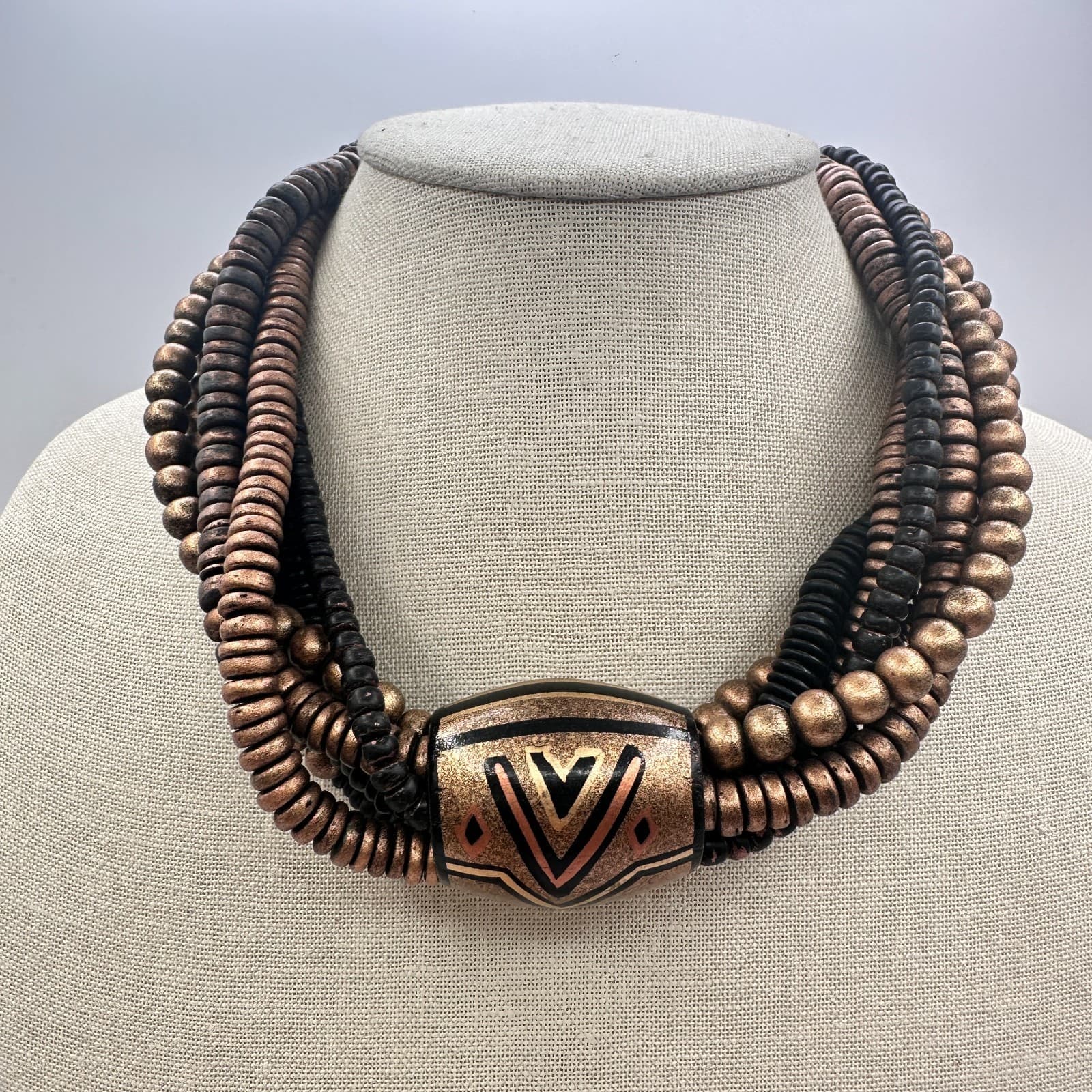 Vintage 80s Silver Tone Multi Strand Chunky Wooden Beaded Necklace Jewelry