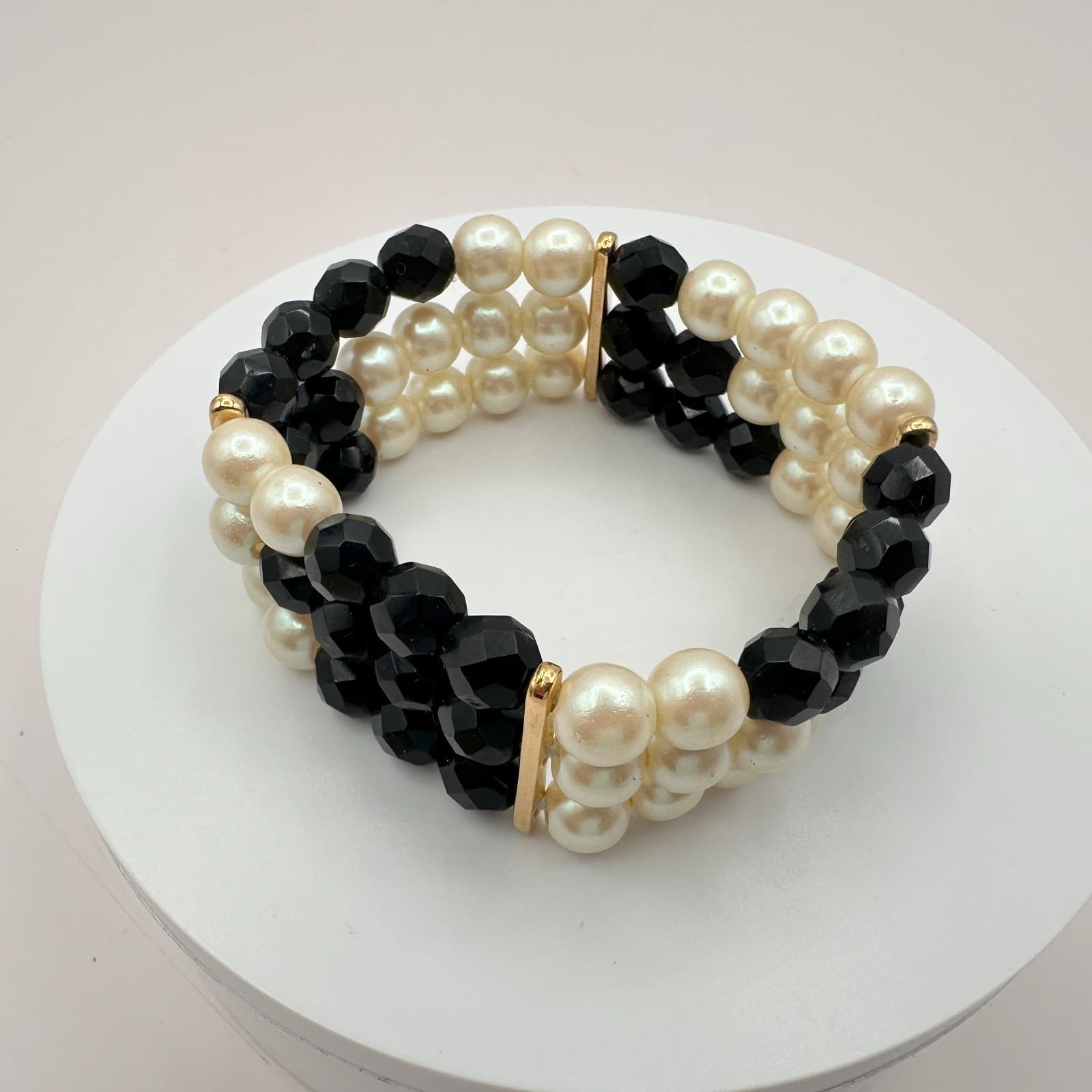 Vintage 80s Triple Strand Faux Pearl Black Bead Stretch Bracelet Elegant Jewelry