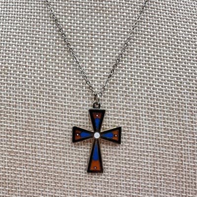 Vintage 90s Silver Tone Cloisonné Enamel Cross Pendant Necklace Women's Jewelry