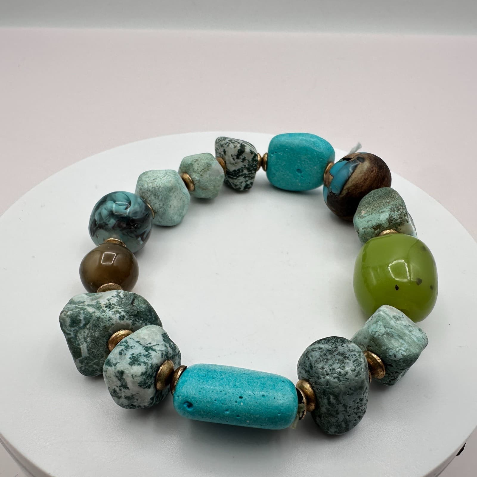 Vintage 90s Chunky Turquoise Green Stone Beaded Stretch Bracelet Fashion Jewelry