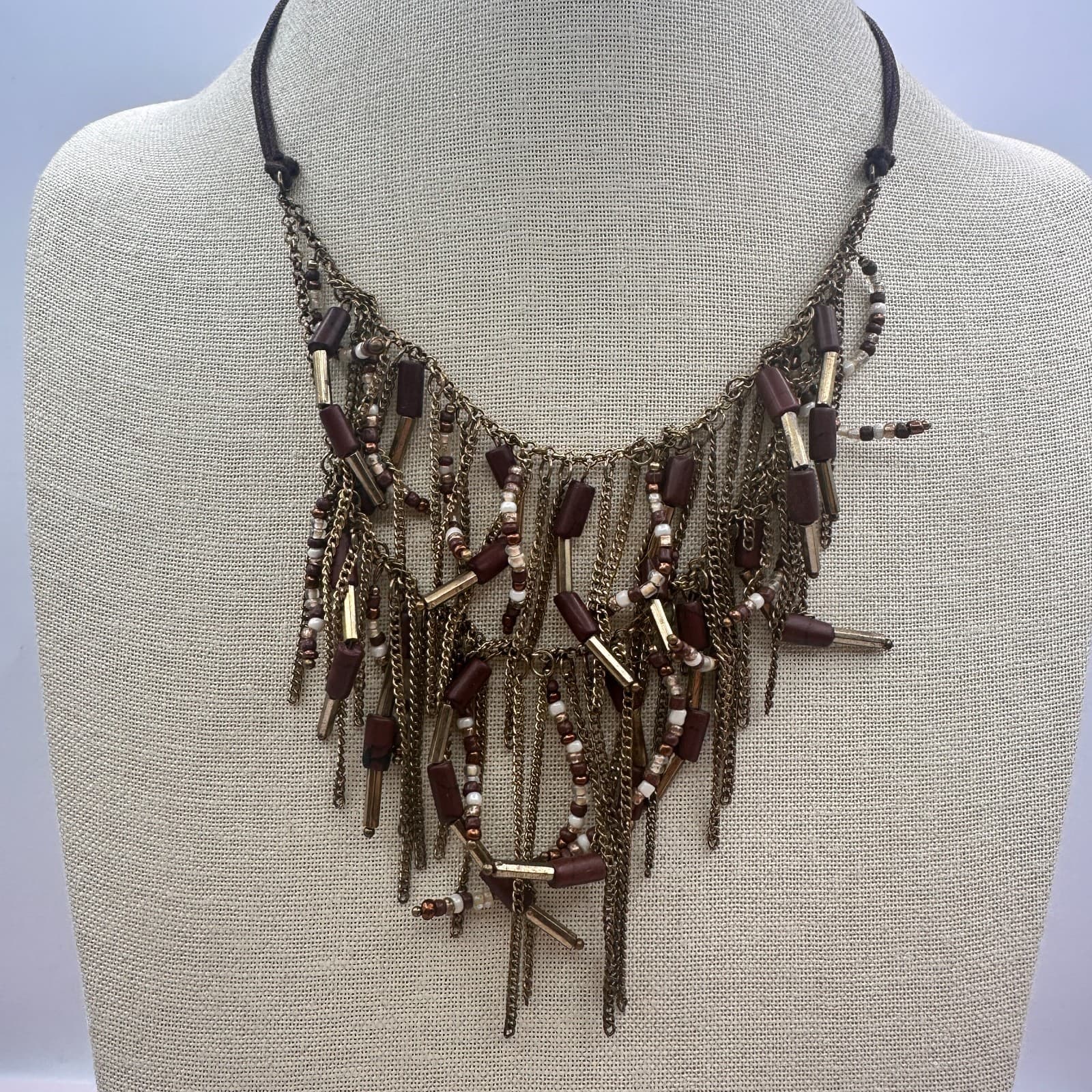 Vintage Y2K Gold Tone Multi Chain Tassel Beaded Boho Fringe Statement Necklace