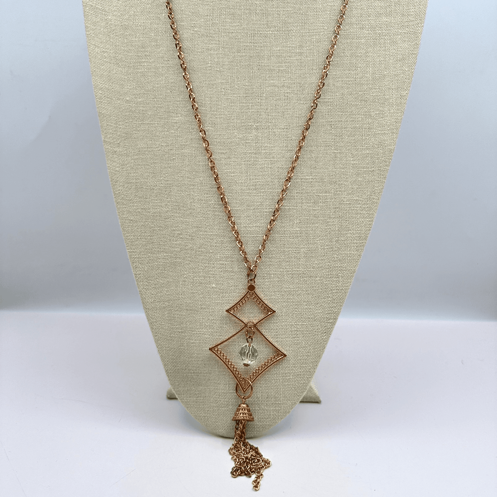 Vintage 90s Rose Gold Tone Clear Beaded Geometric Pendant Necklace Tassel Chain