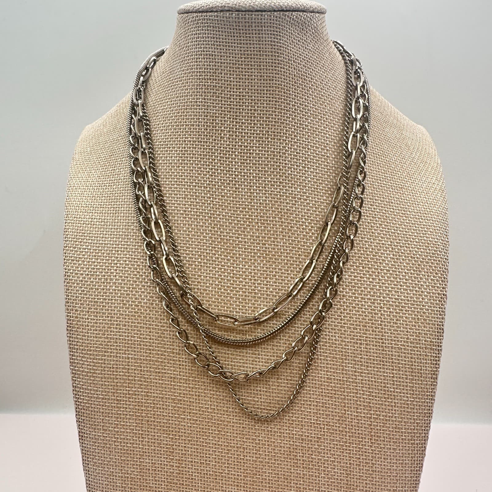 Vintage Y2K Multi Strand Silver Tone Chain Necklace Women's Classic Jewelry