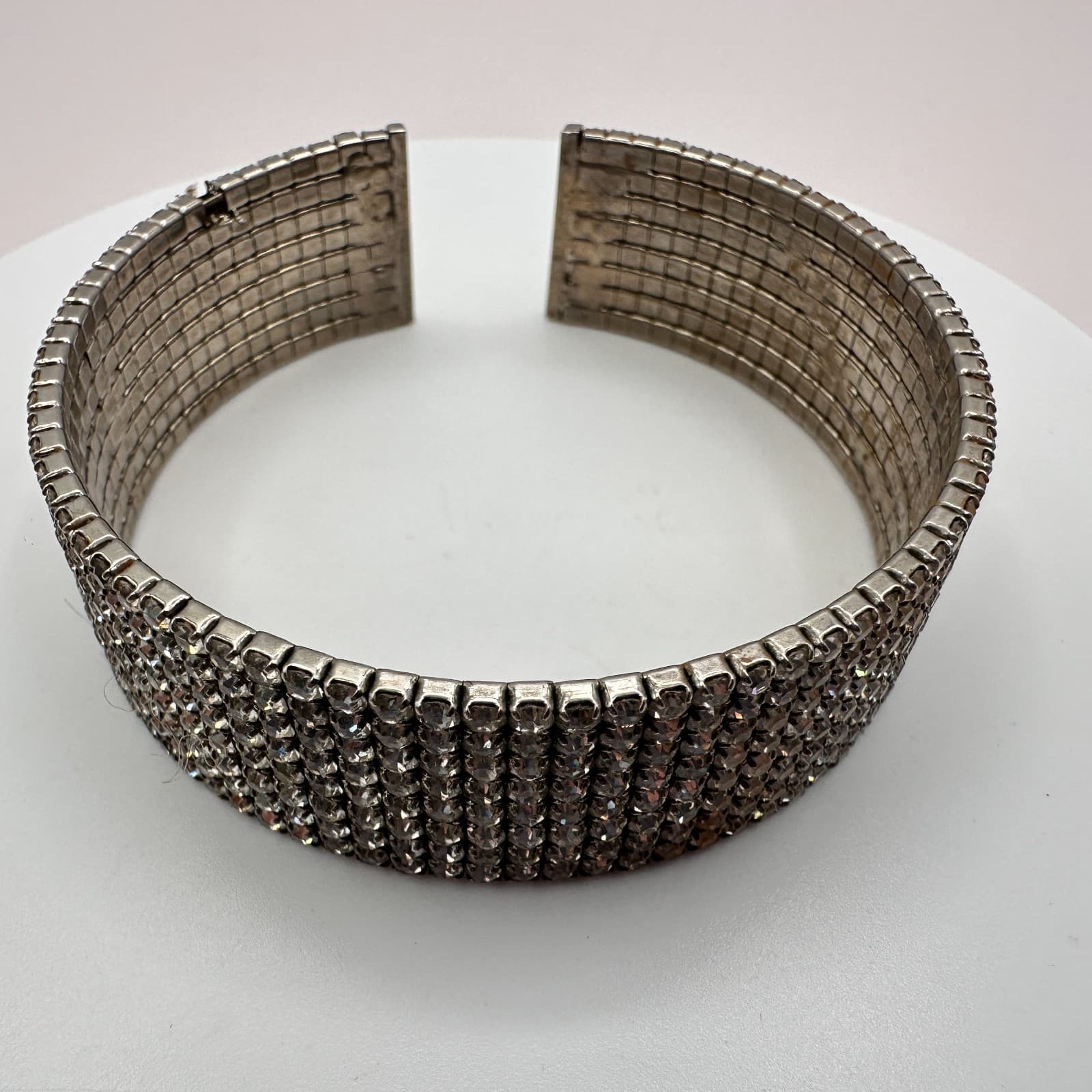 Vintage 50s Multi Row Clear Rhinestone Silver Tone Wide Cuff Bangle Jewelry