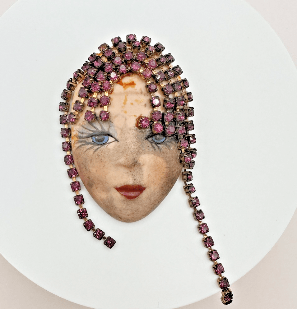 Vintage 80s Art Deco Face Brooch Pin Purple Rhinestone Statement Women's Jewelry