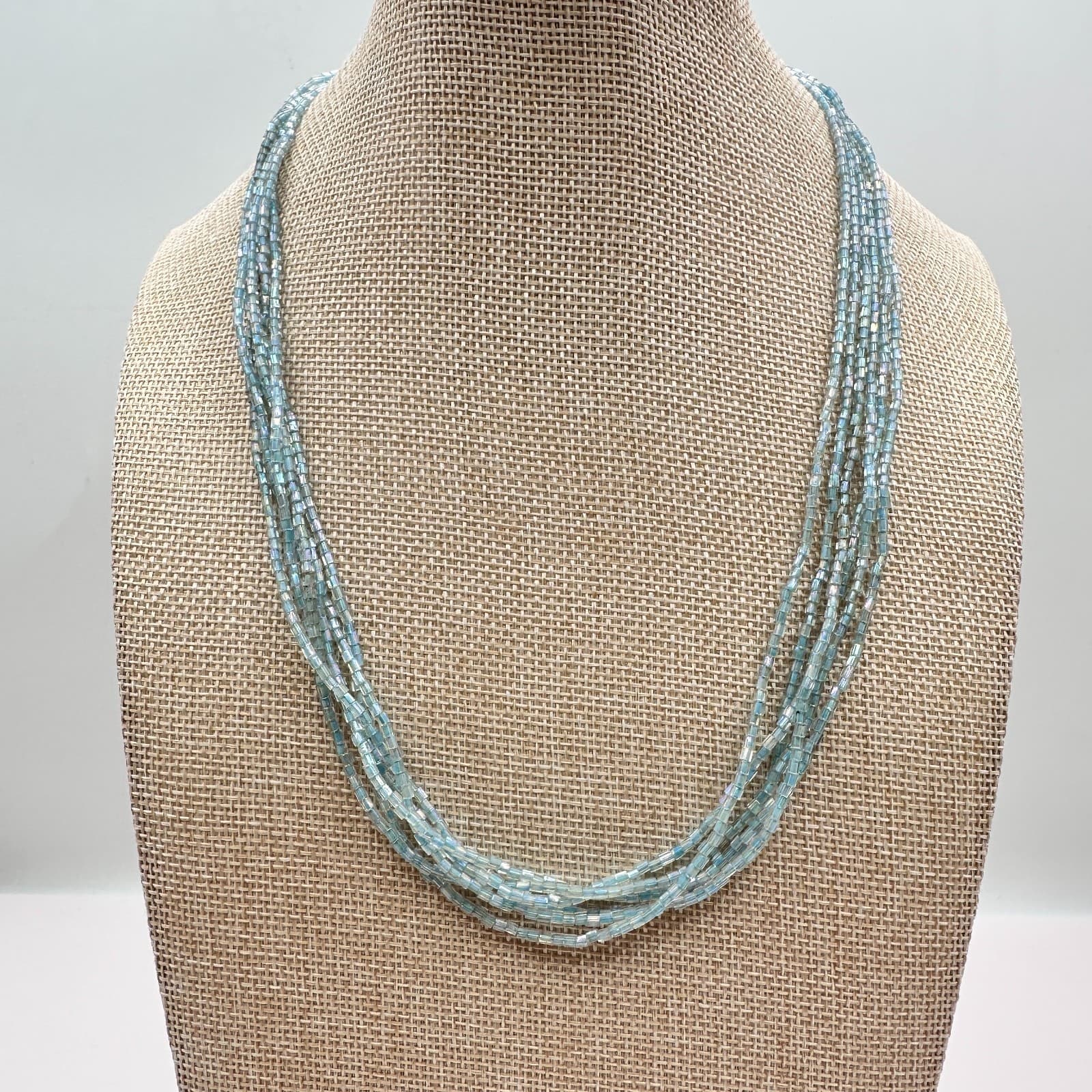 Vintage Y2K Multi Strand Sky Blue Seed Beaded Necklace Boho Minimalist Jewelry